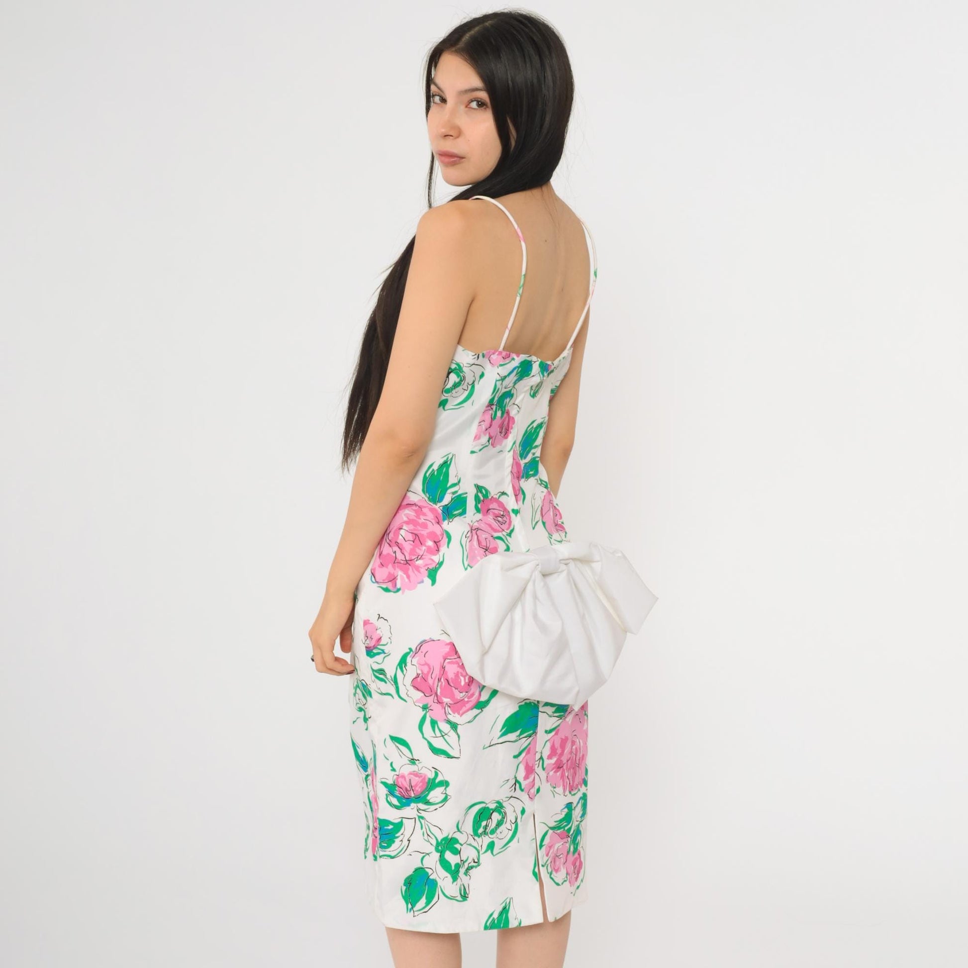 80s White Floral Sweetheart Midi Dress Pink Green Bow Back Small