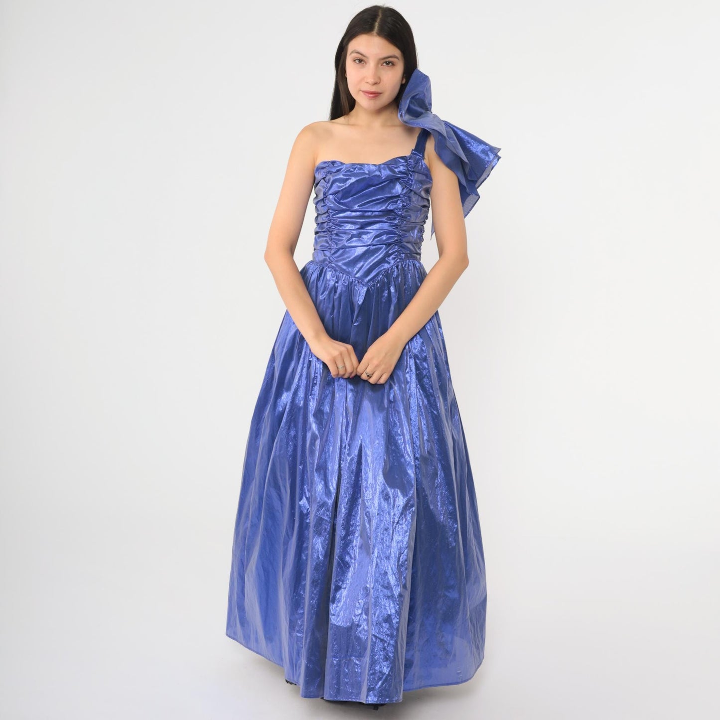 80s Gunne Sax Metallic Purple Taffeta One-Shoulder Ball Gown Maxi Extra Small
