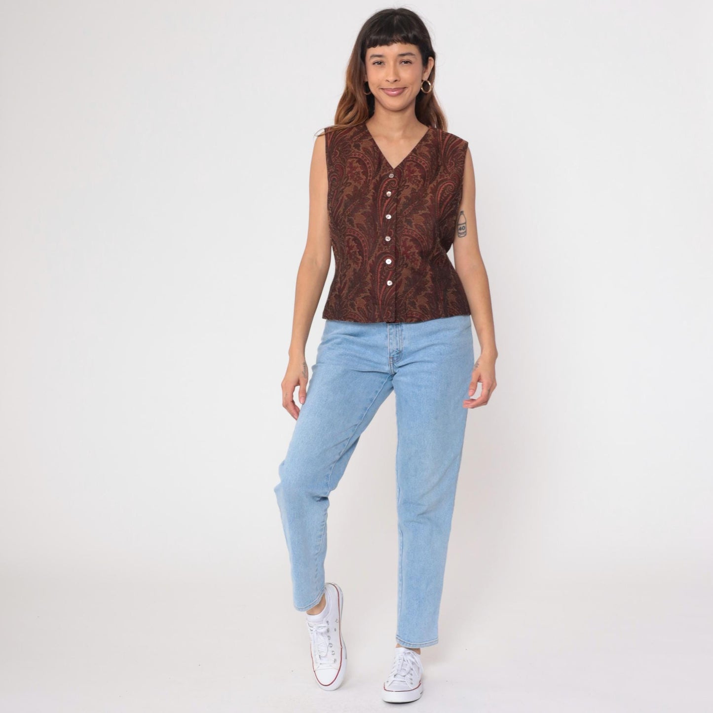 90s Liz Claiborne Paisley Jacquard Vest Button-Up V-Neck Burnt Orange Large