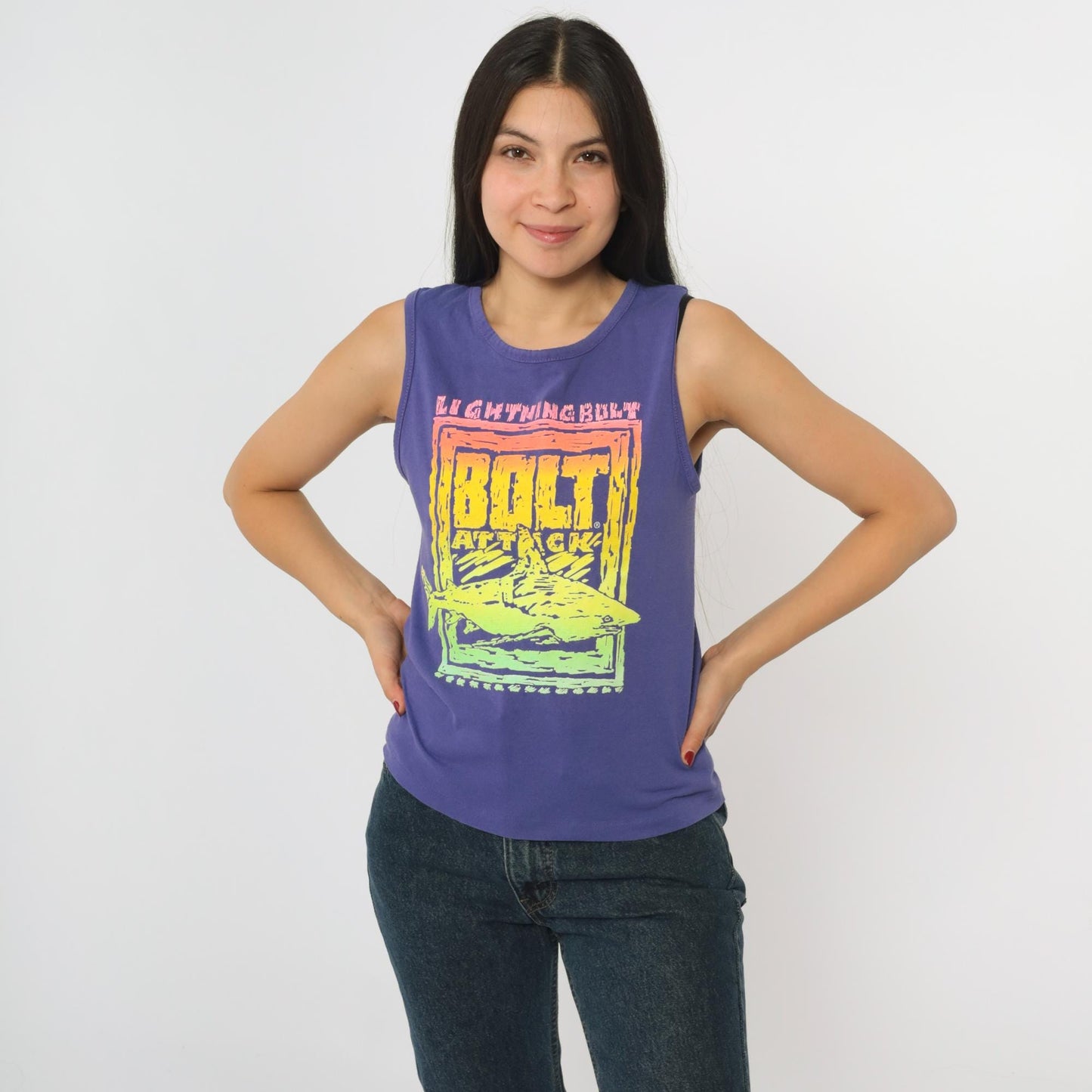 90s Lightning Bolt Shark Graphic Tank Top Purple Neon Sleeveless Extra Small