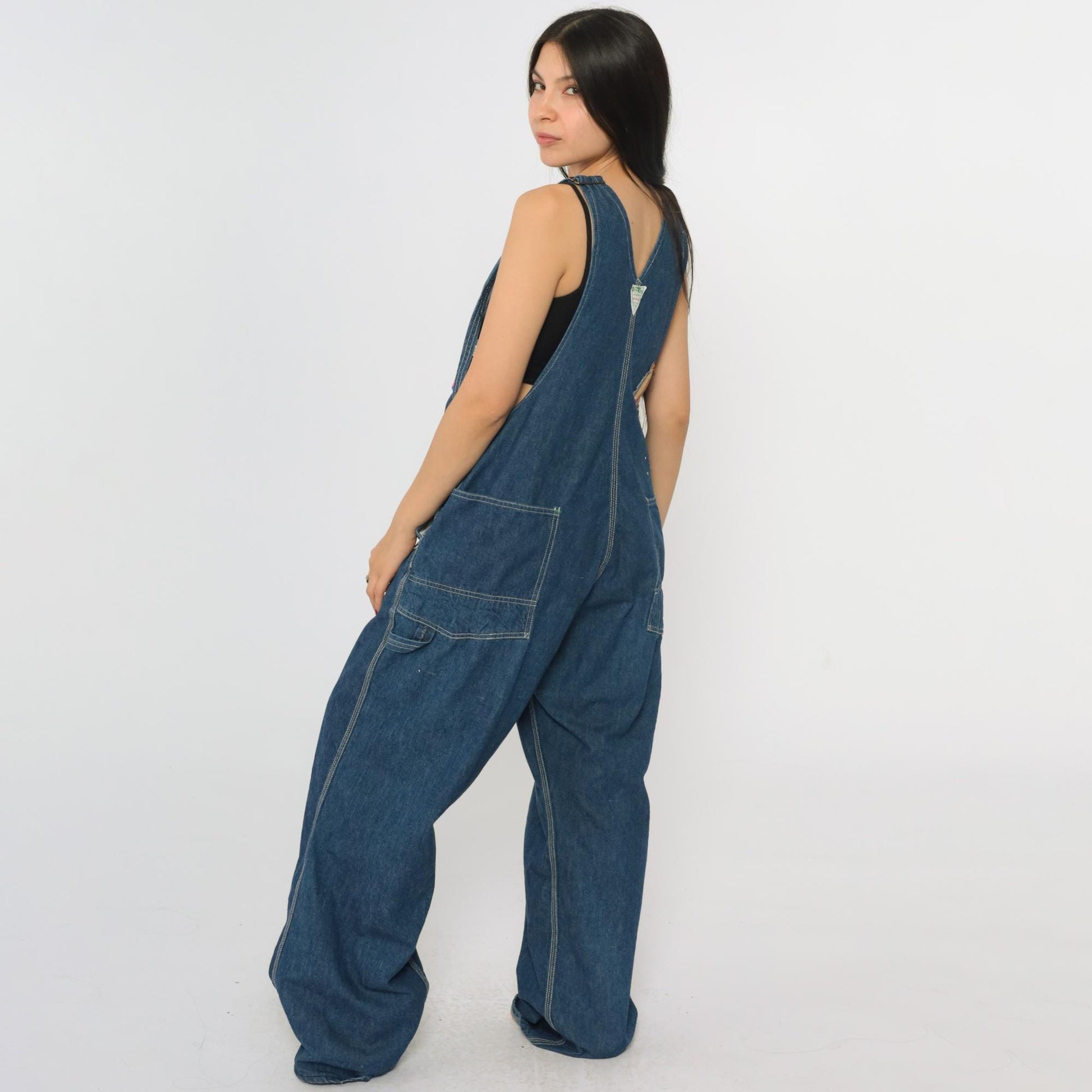 70s OshKosh B'gosh Denim Bib Overalls Patchwork Blue Carpenter Medium Large
