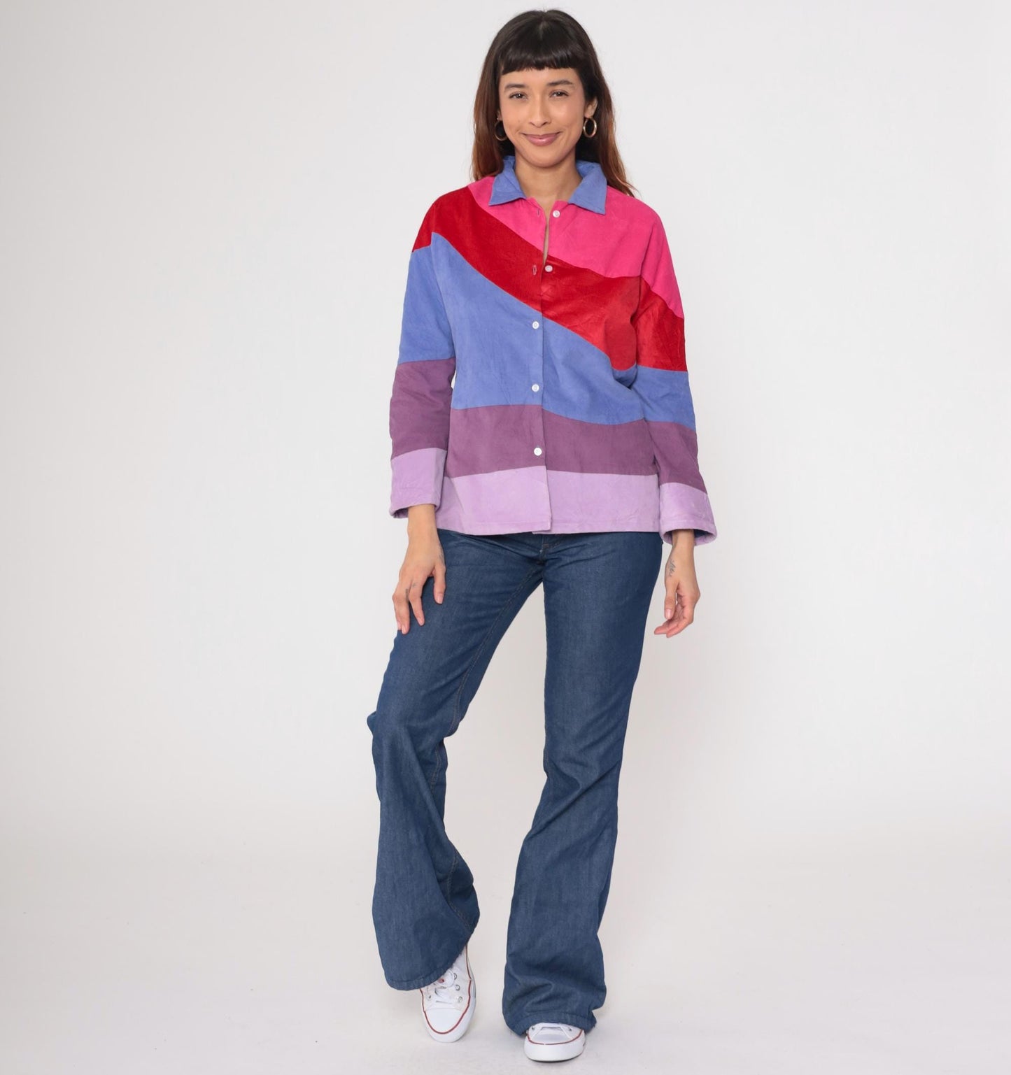 70s Corduroy Color Block Button Up Blouse Pink Purple Red Long Sleeve Large L