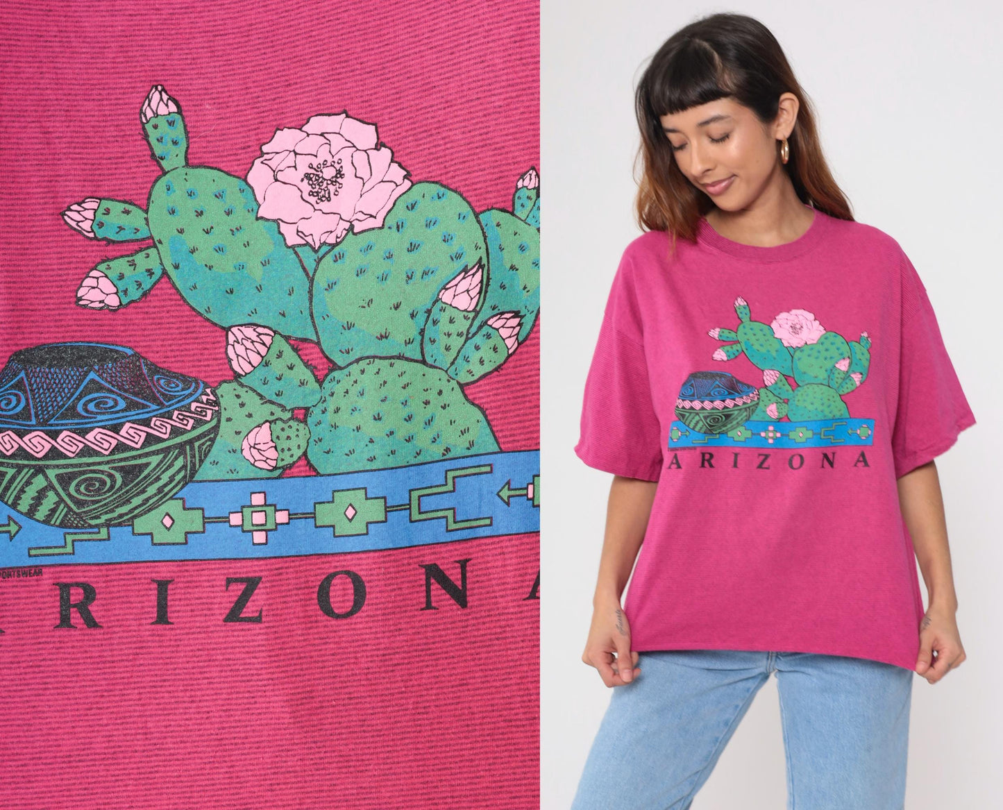 90s Arizona Prickly Pear Cactus Graphic T-Shirt Hot Pink Native American Pottery Extra Large