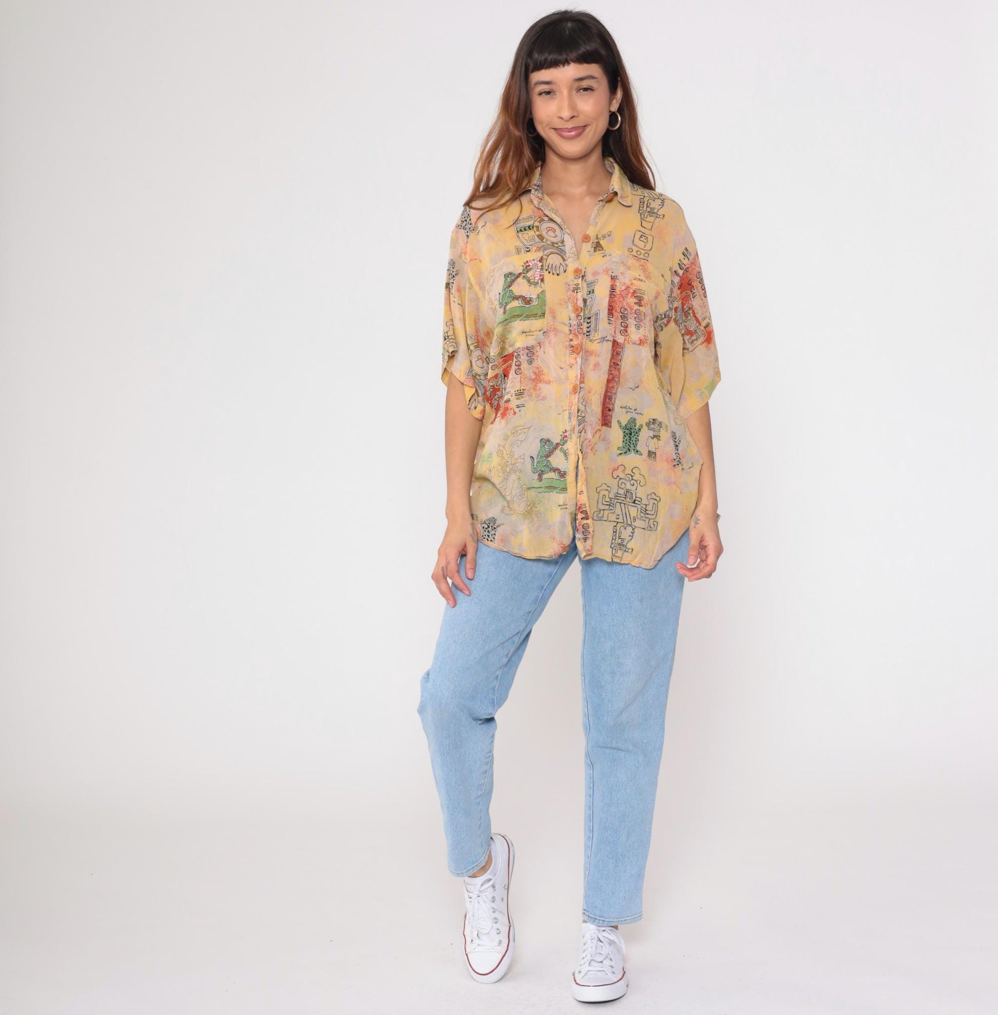 90s Aztec Print Button Down Shirt Yellow Abstract Figures Medium