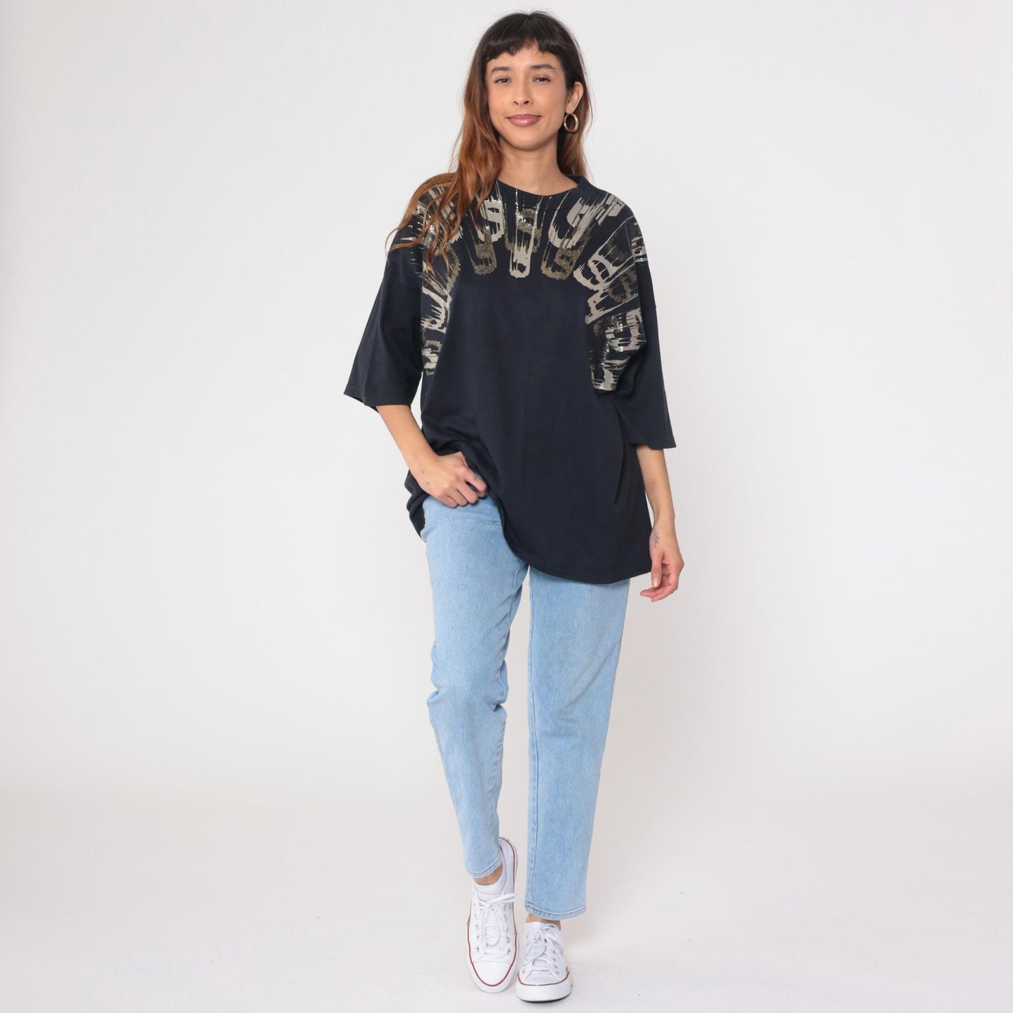 90s Metallic Paint Splatter Graphic Tee Black Abstract One Size