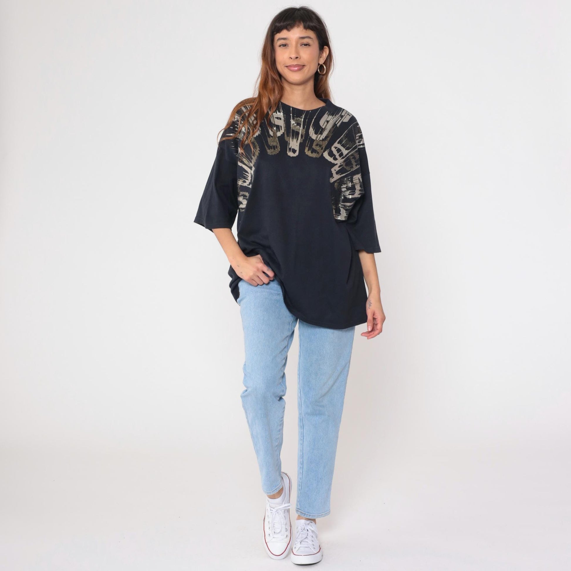 90s Metallic Paint Splatter Graphic Tee Black Abstract One Size