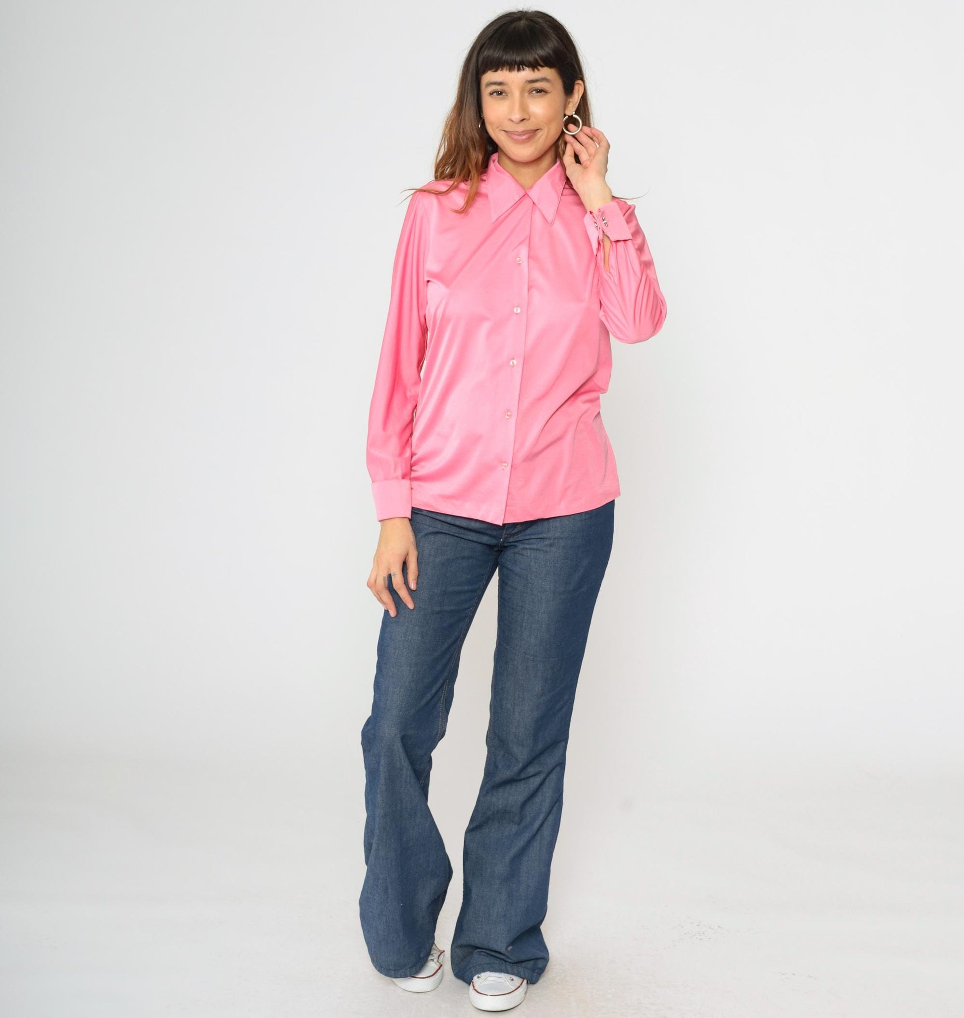 70s Shiny Pink Dagger Collar Button-Up Shirt Long Sleeve Cufflinks Medium M