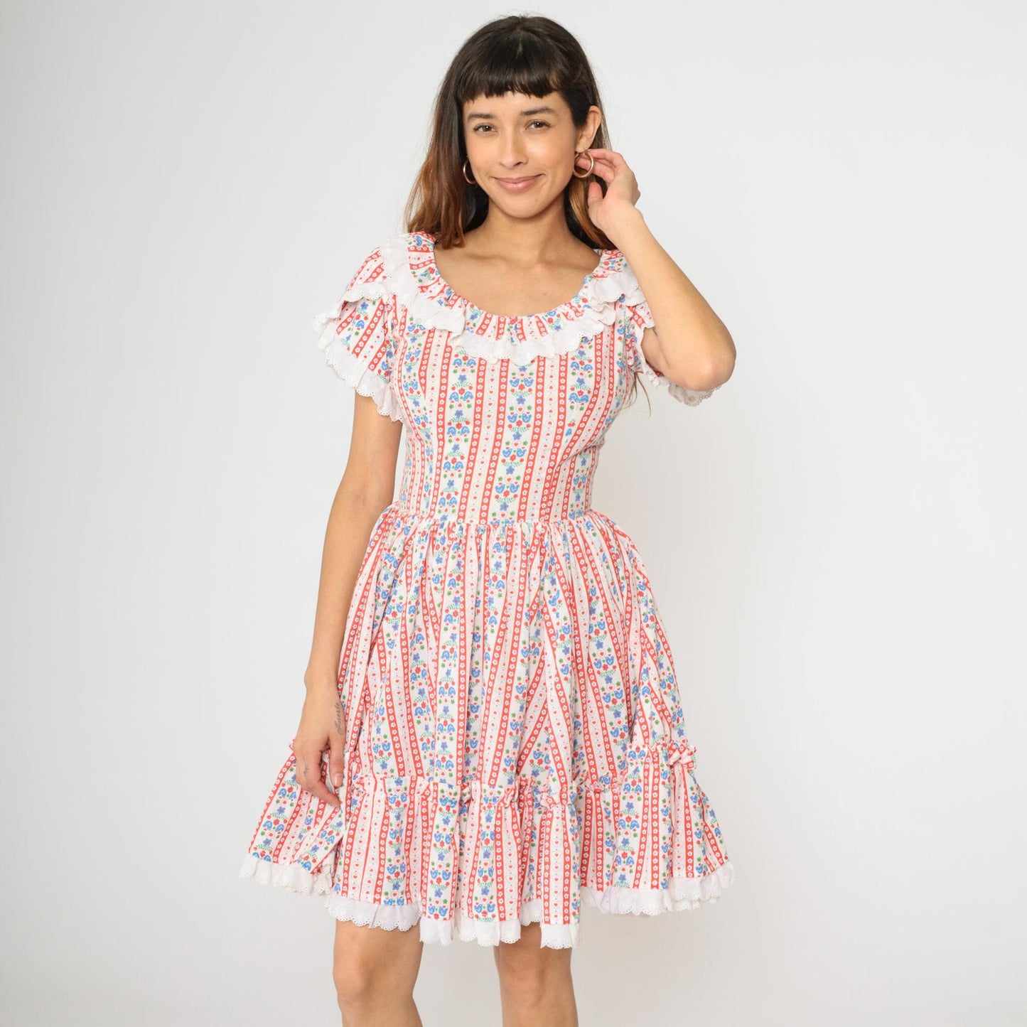 70s Floral Bird Print Prairie Dress White Mini Tiered Lace Small