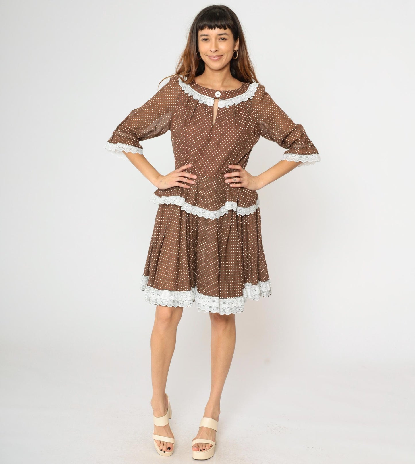 70s Brown Polka Dot Prairie Dress Keyhole Neck Tiered Skirt Medium