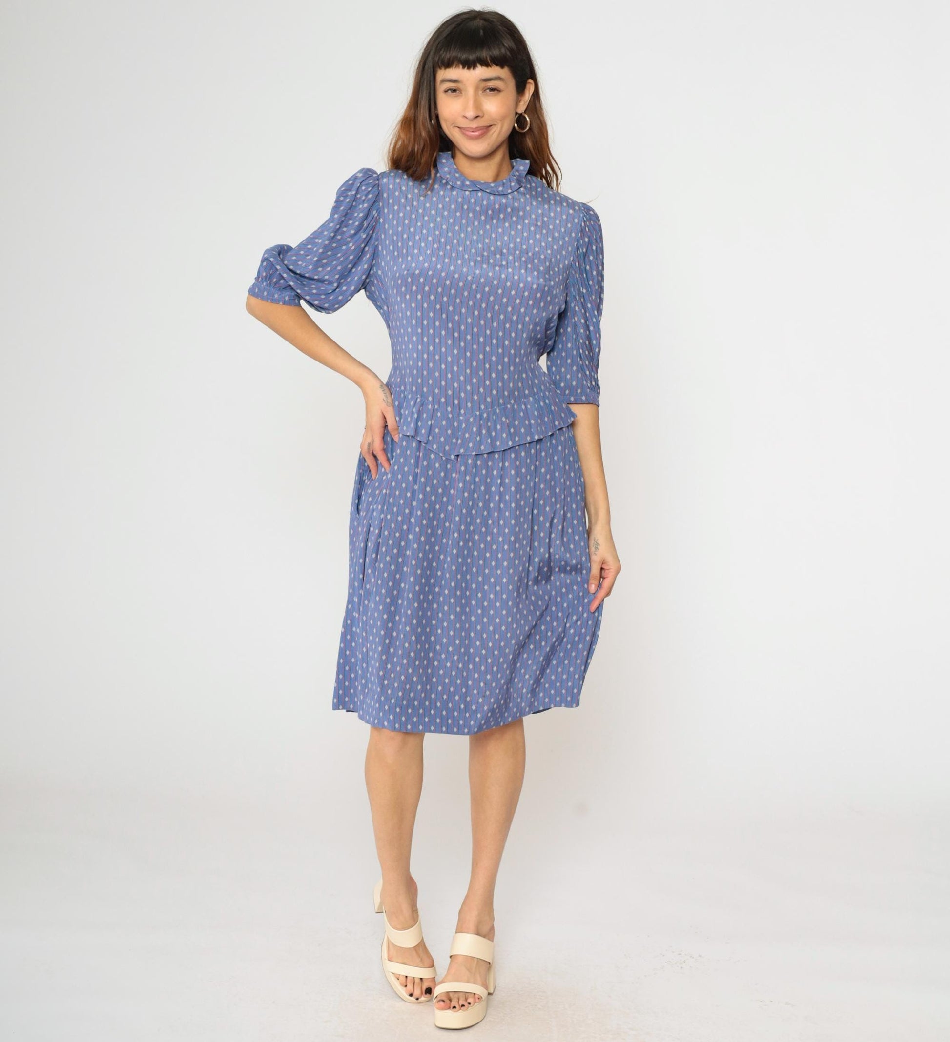 80s Blue Diamond Stripe Midi Dress Peplum Puff Sleeve High Neck Medium M