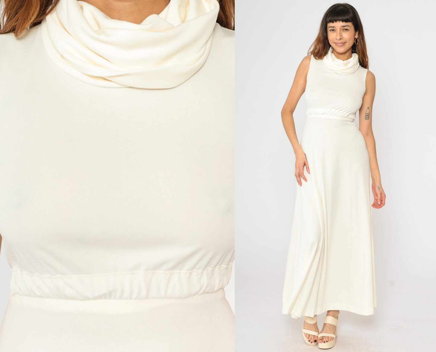 1970s White Maxi Dress Cowl Neck Cap Sleeve High Waist Grecian Gown Extra Small