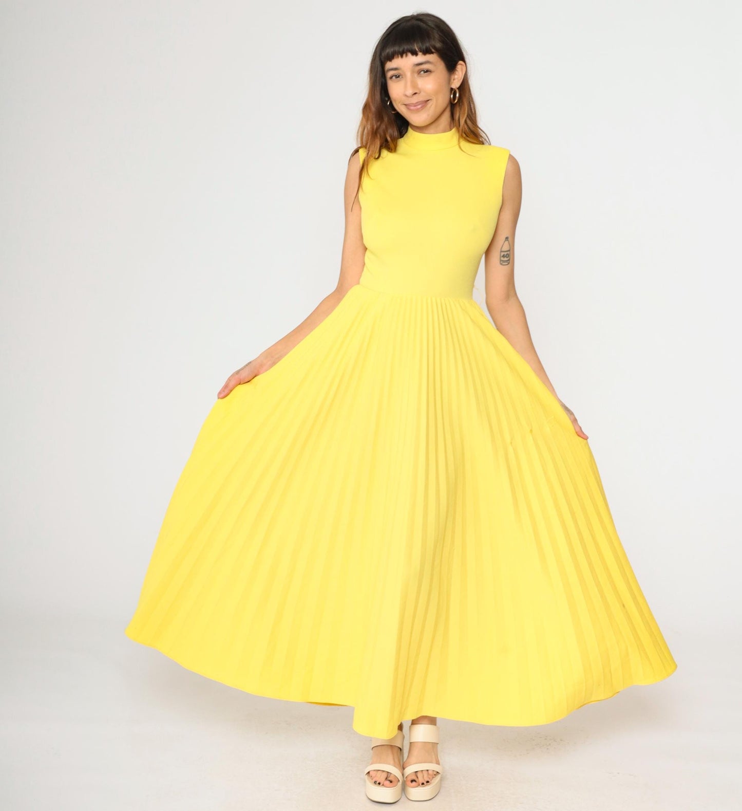 70s Yellow Pleated Maxi Dress Sleeveless High Waist Small S