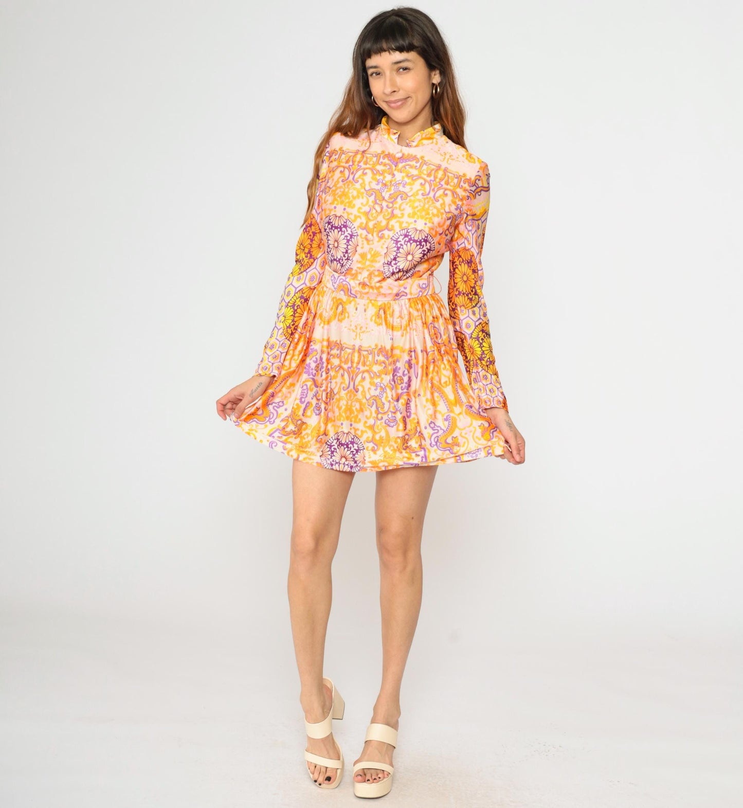 1960s Psychedelic Floral Mini Dress Mandarin Collar Long Sleeve Pink Orange Purple Small