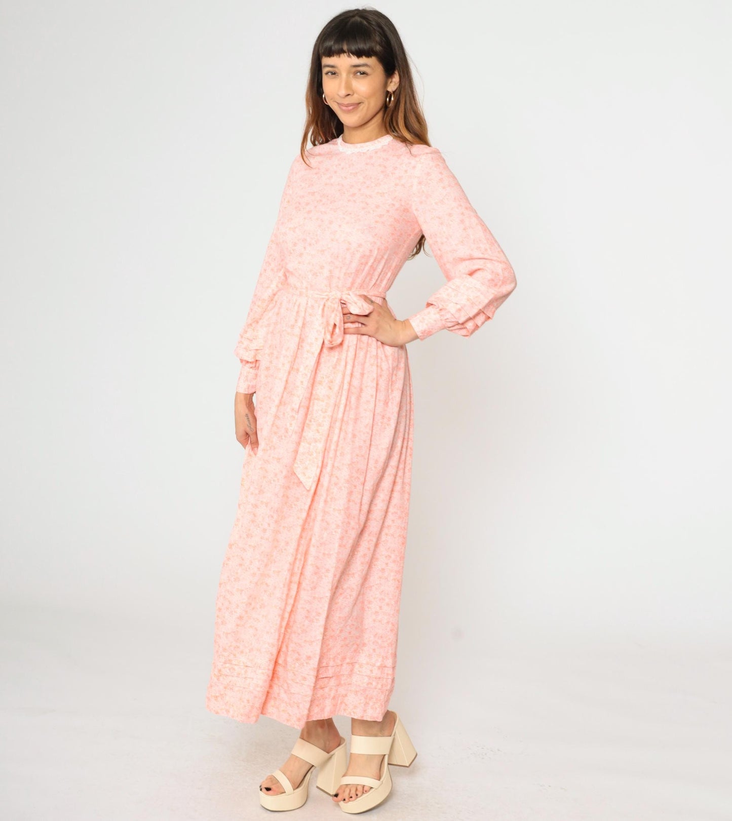 70s Peach Pink Floral Maxi Dress High Waist Long Sleeve Lace Trim Small