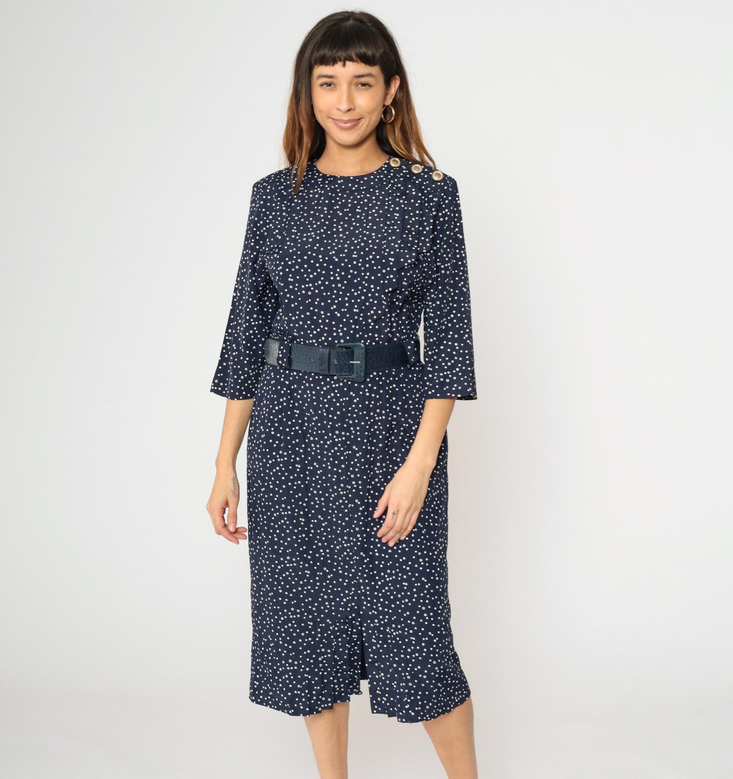 80s Navy Polka Dot Midi Dress Pleated Bodice High Waist Belted Small S