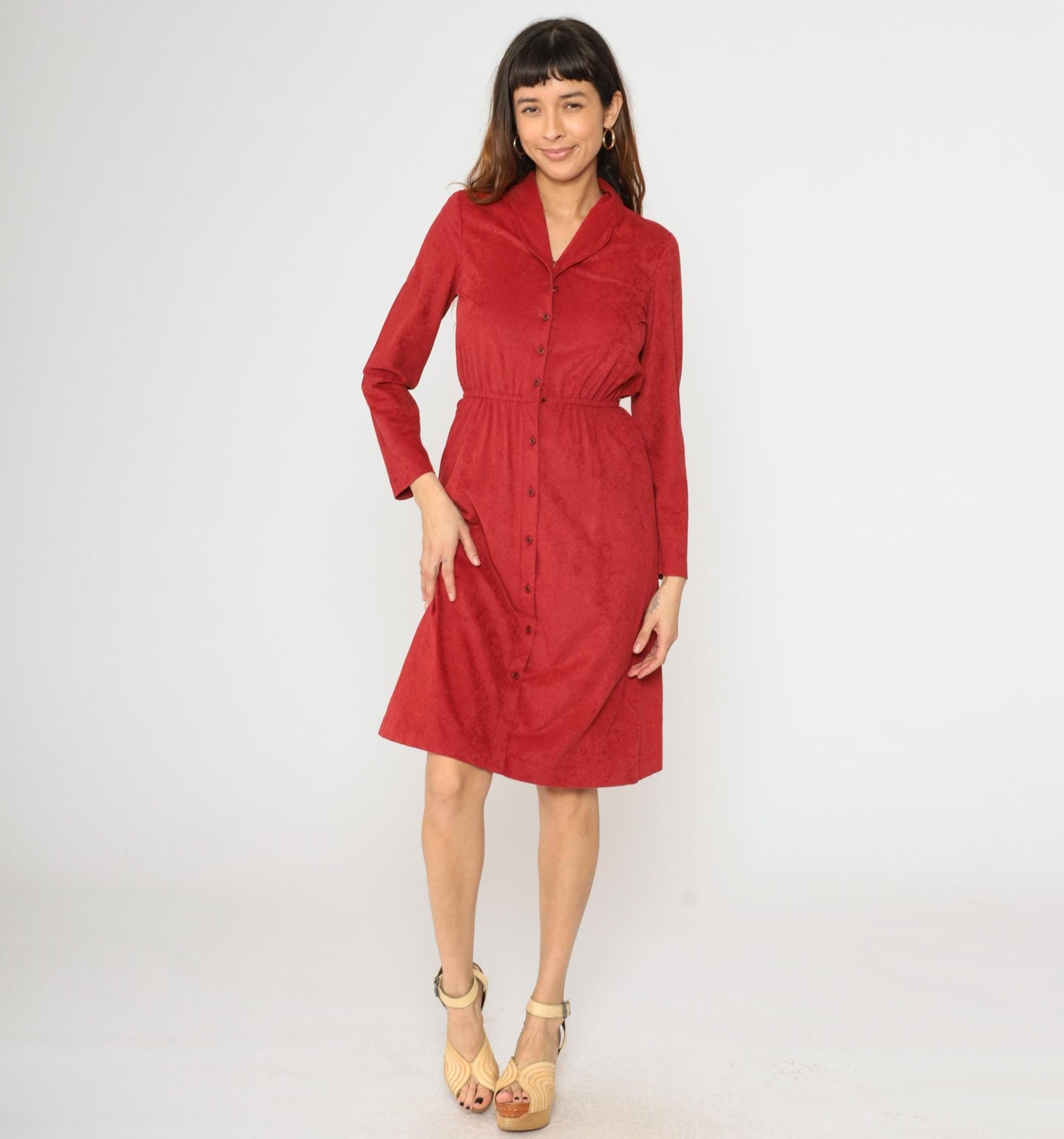 70s Red Velour Midi Shirtdress High Waist Button Front Long Sleeve Small