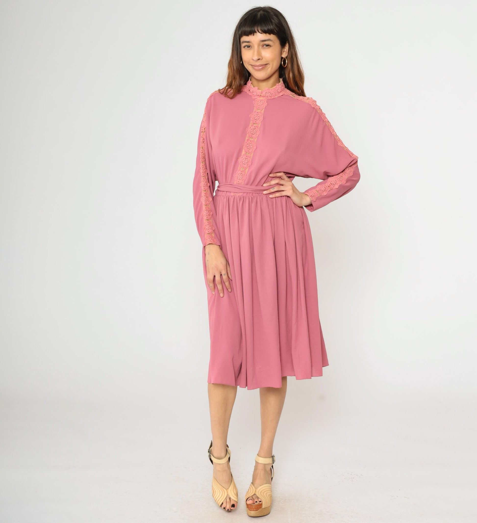 70s Pink Midi Dress Lace Trim Dolman Sleeve High Waisted Belted Medium