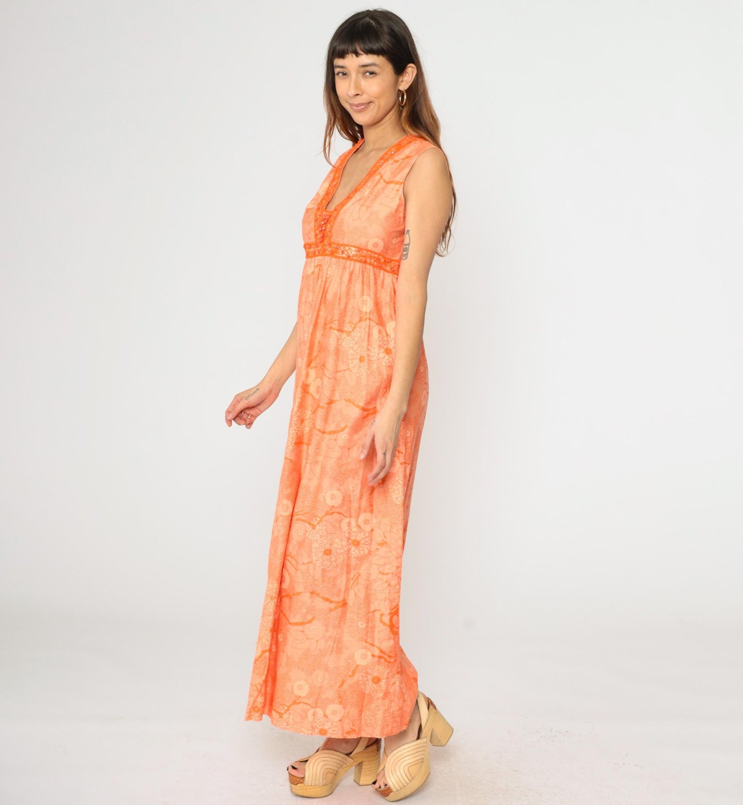 70s Orange Floral Beaded Maxi Dress Empire Waist V Neck Sleeveless Medium