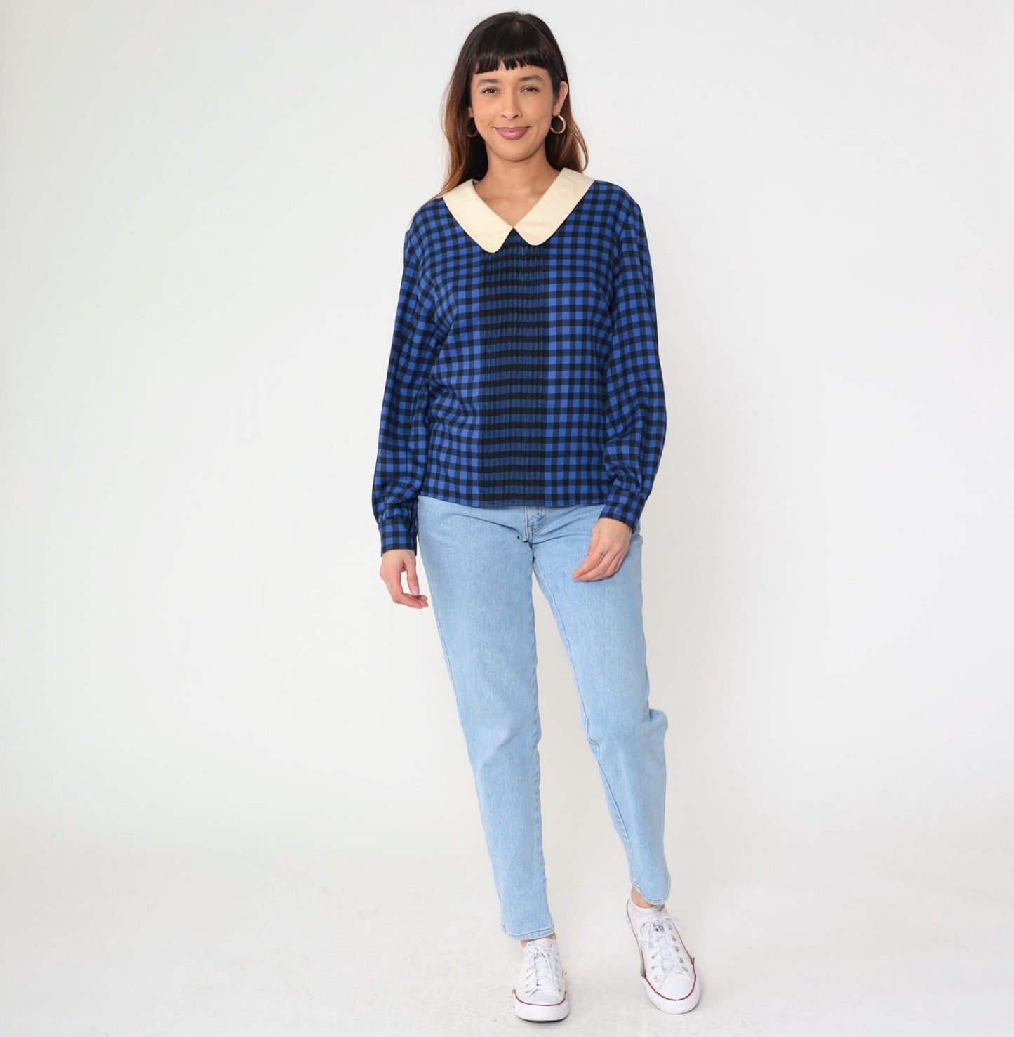 80s Albert Nipon Checkered Blouse Blue Black Gingham Cream Collar Medium