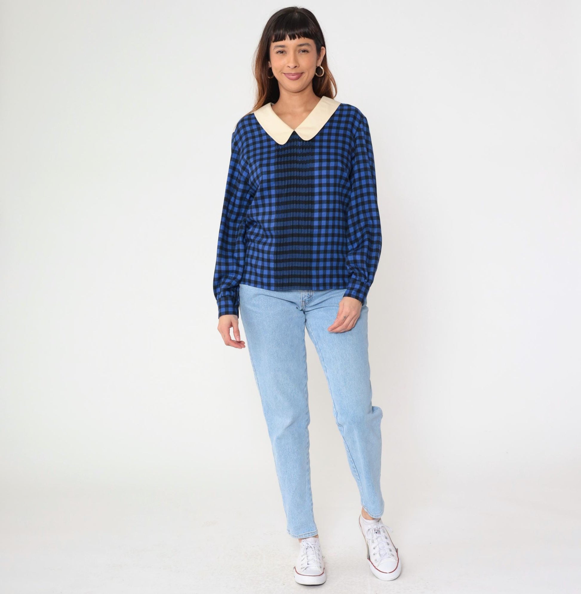 80s Albert Nipon Checkered Blouse Blue Black Gingham Cream Collar Medium