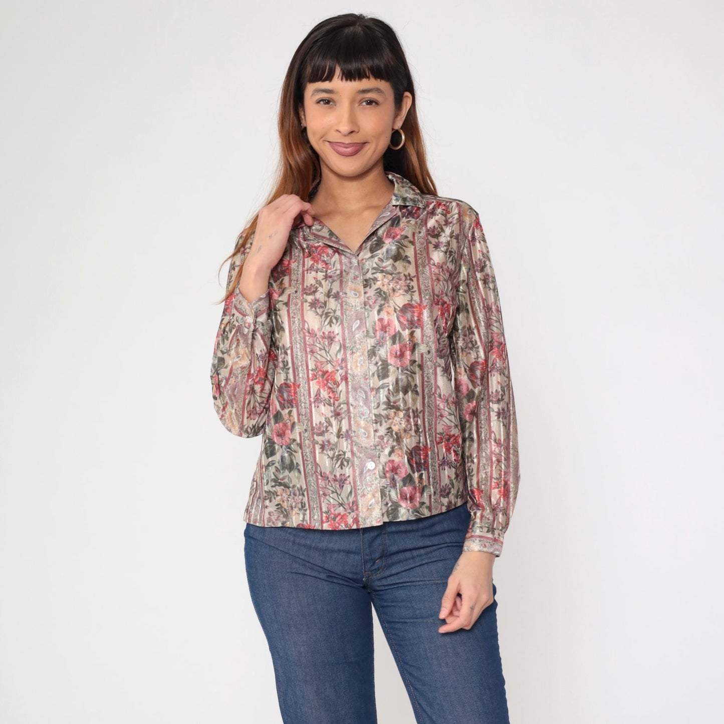 80s Beverley of California Striped Floral Button-Up Blouse Beige Red Medium