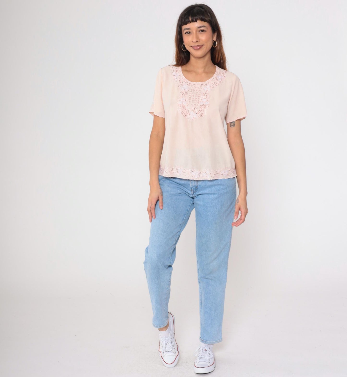 80s Baby Pink Floral Embroidered Cutout Blouse Small S