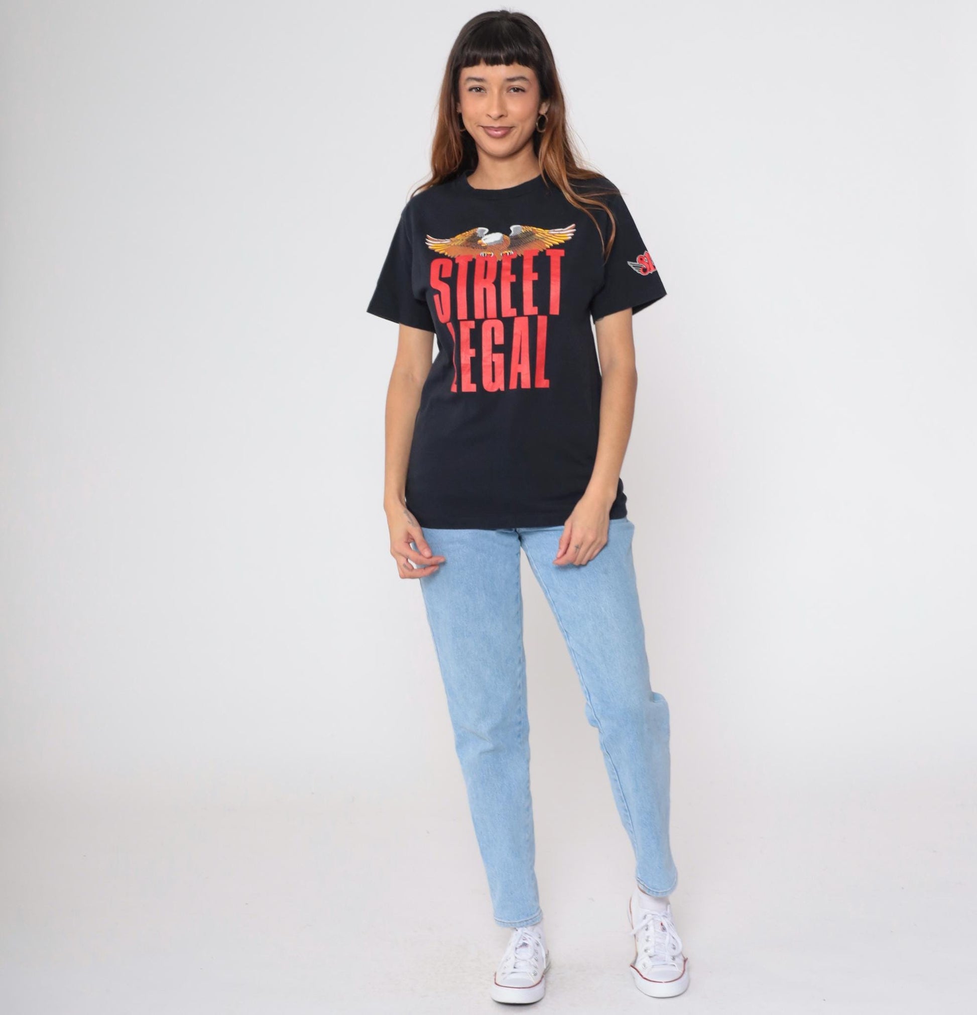90s Street Legal Eagle Motorcycle Graphic T-Shirt Black Cotton Small