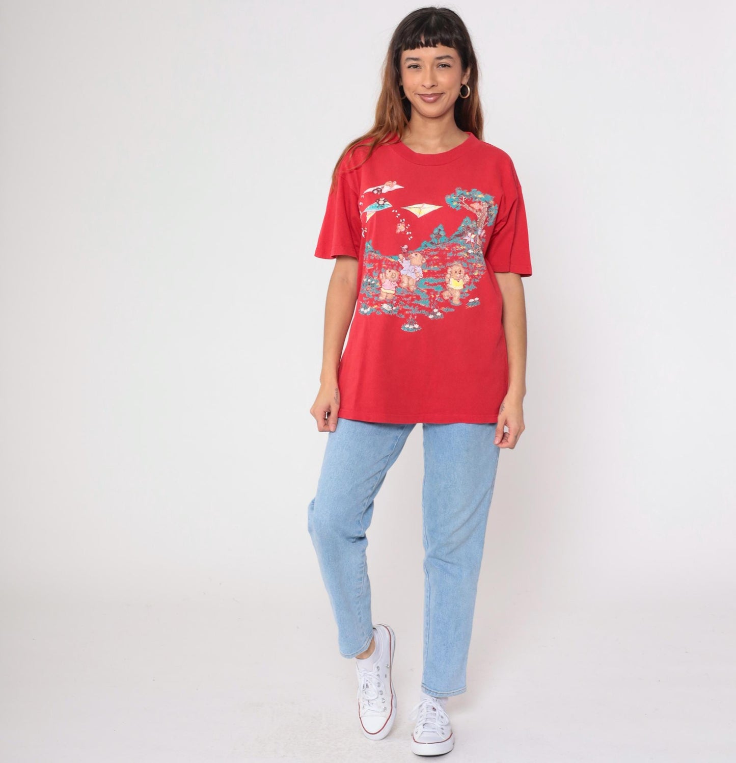 90s Teddy Bear Kite Graphic T-Shirt Red Crewneck Tee Large L
