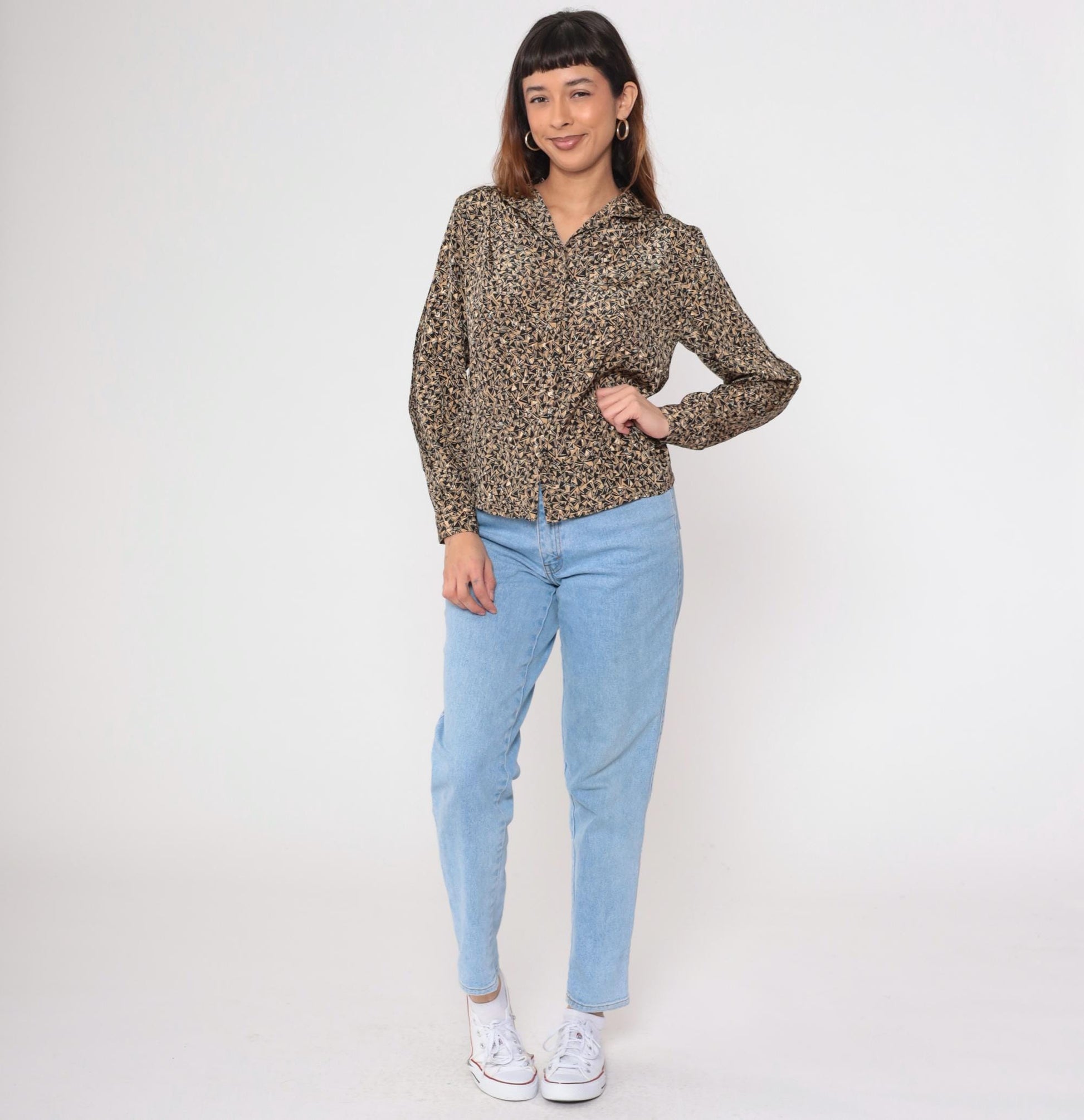 80s Geometric Jacquard Button Up Blouse Tan Black Puff Sleeve Small