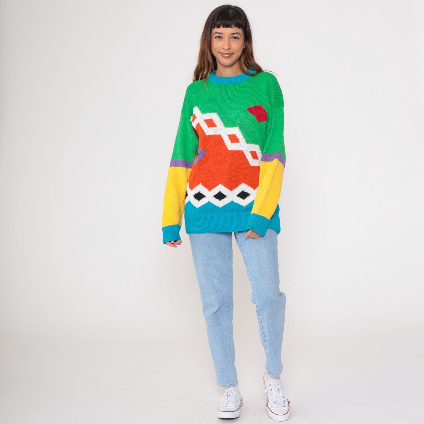 80s Geometric Color Block Knit Sweater Cotton Crewneck Orange Green Blue Large