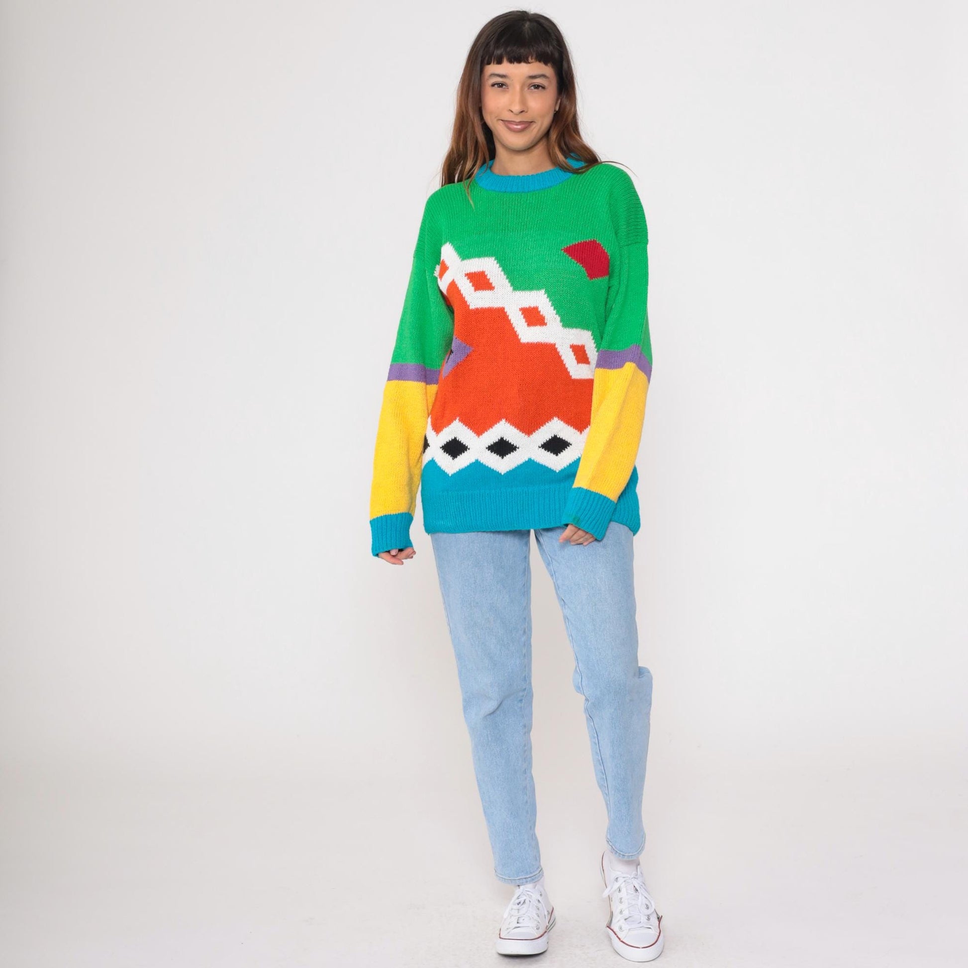 80s Geometric Color Block Knit Sweater Cotton Crewneck Orange Green Blue Large