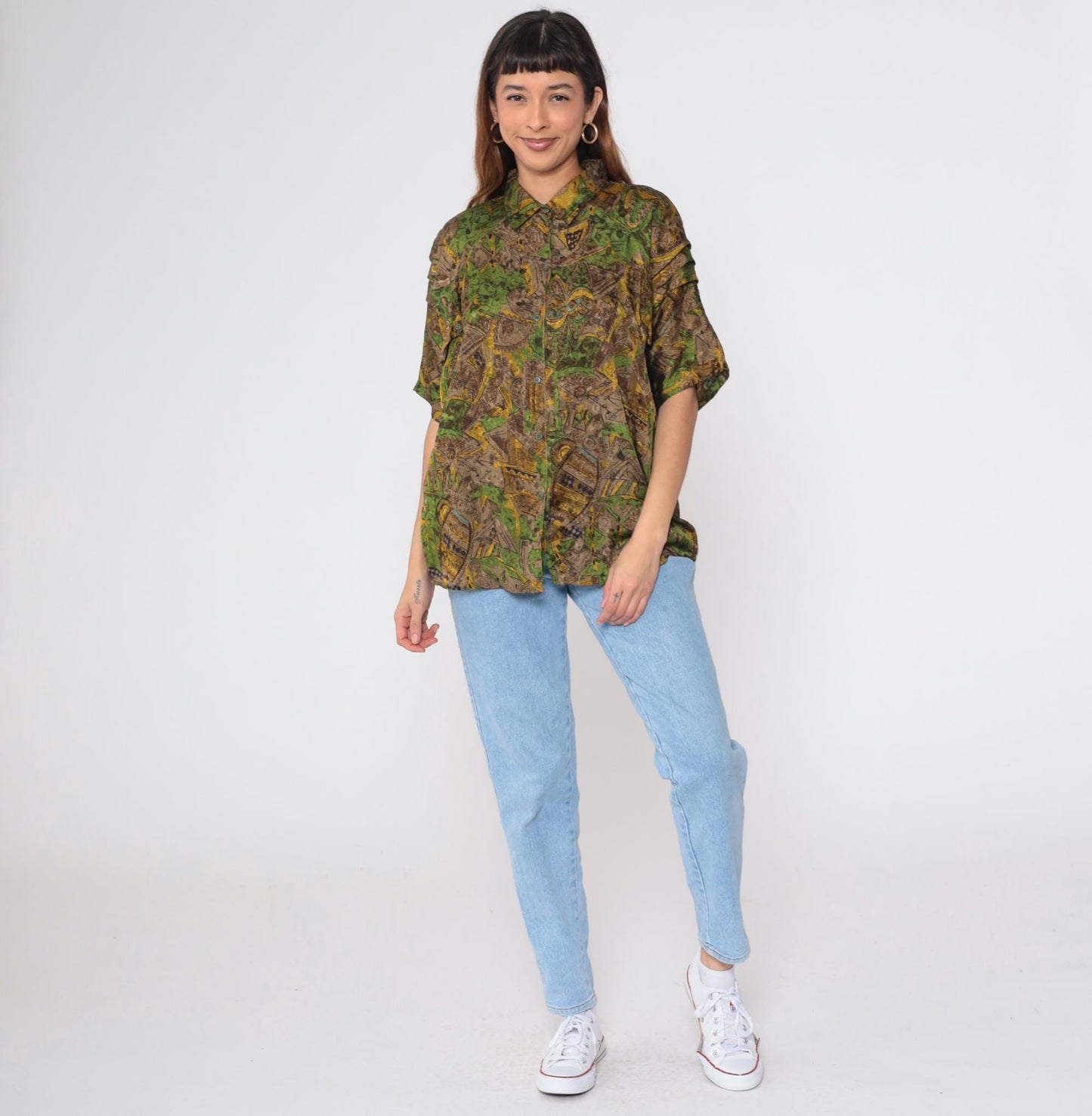 90s Geometric Button Up Shirt Brown Green Yellow Tropical Print Extra Large XL