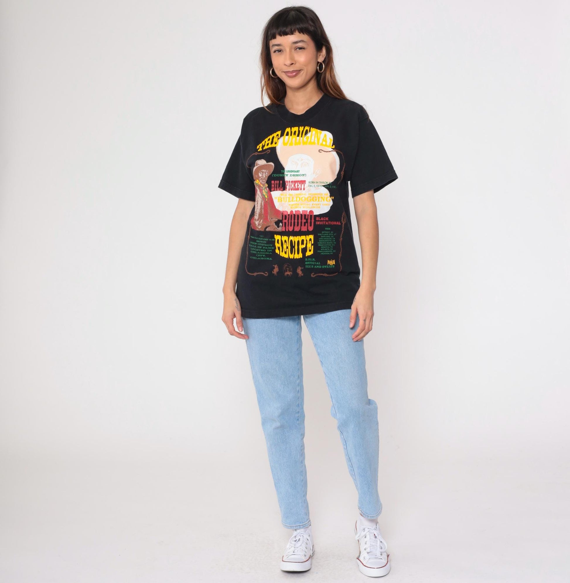 90s Bill Pickett Rodeo Recipe Graphic T-Shirt Black Cotton Medium