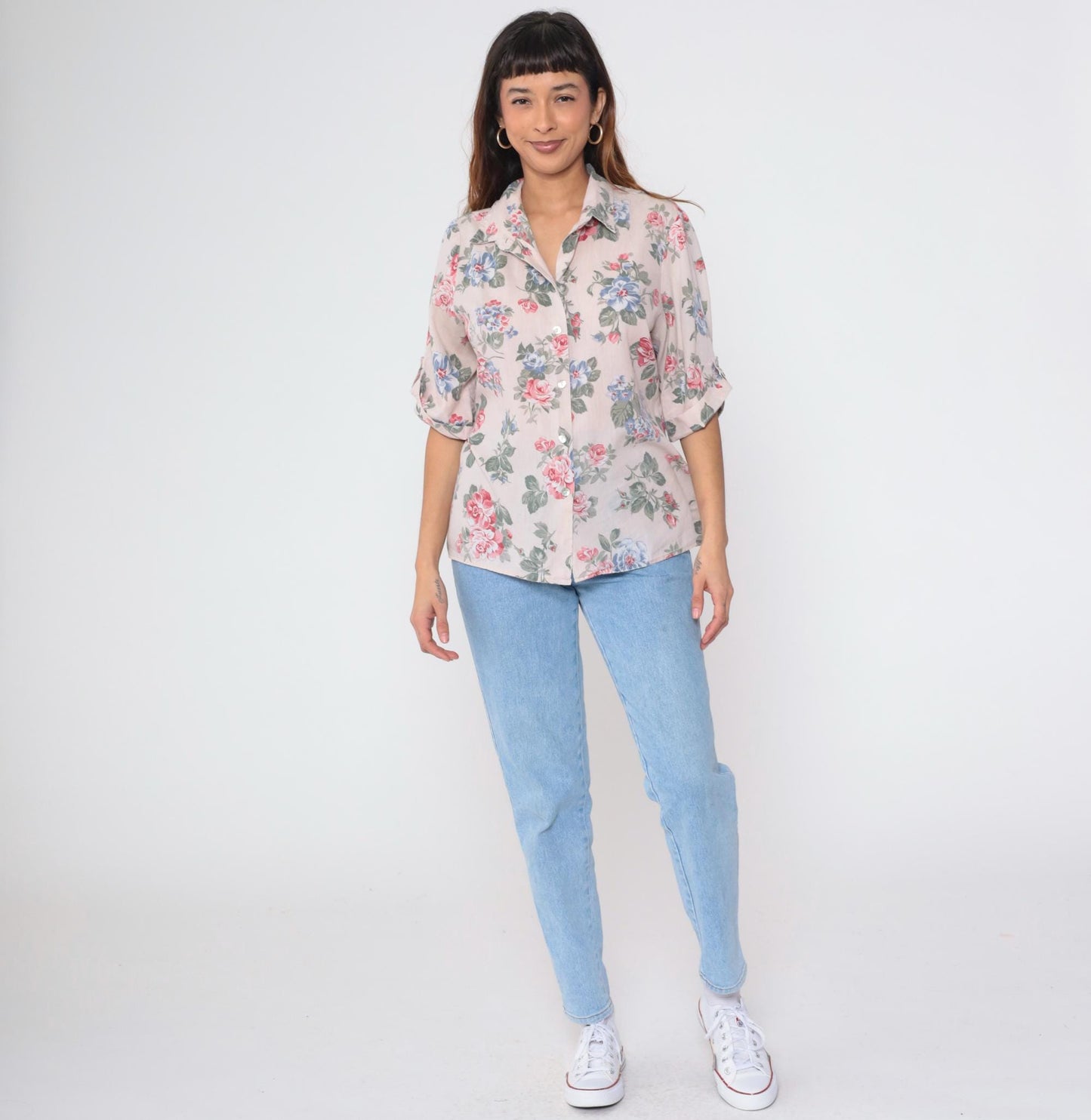 90s Beige Floral Button-Up Blouse Roll Tab Sleeve Flower Print Extra Large XL