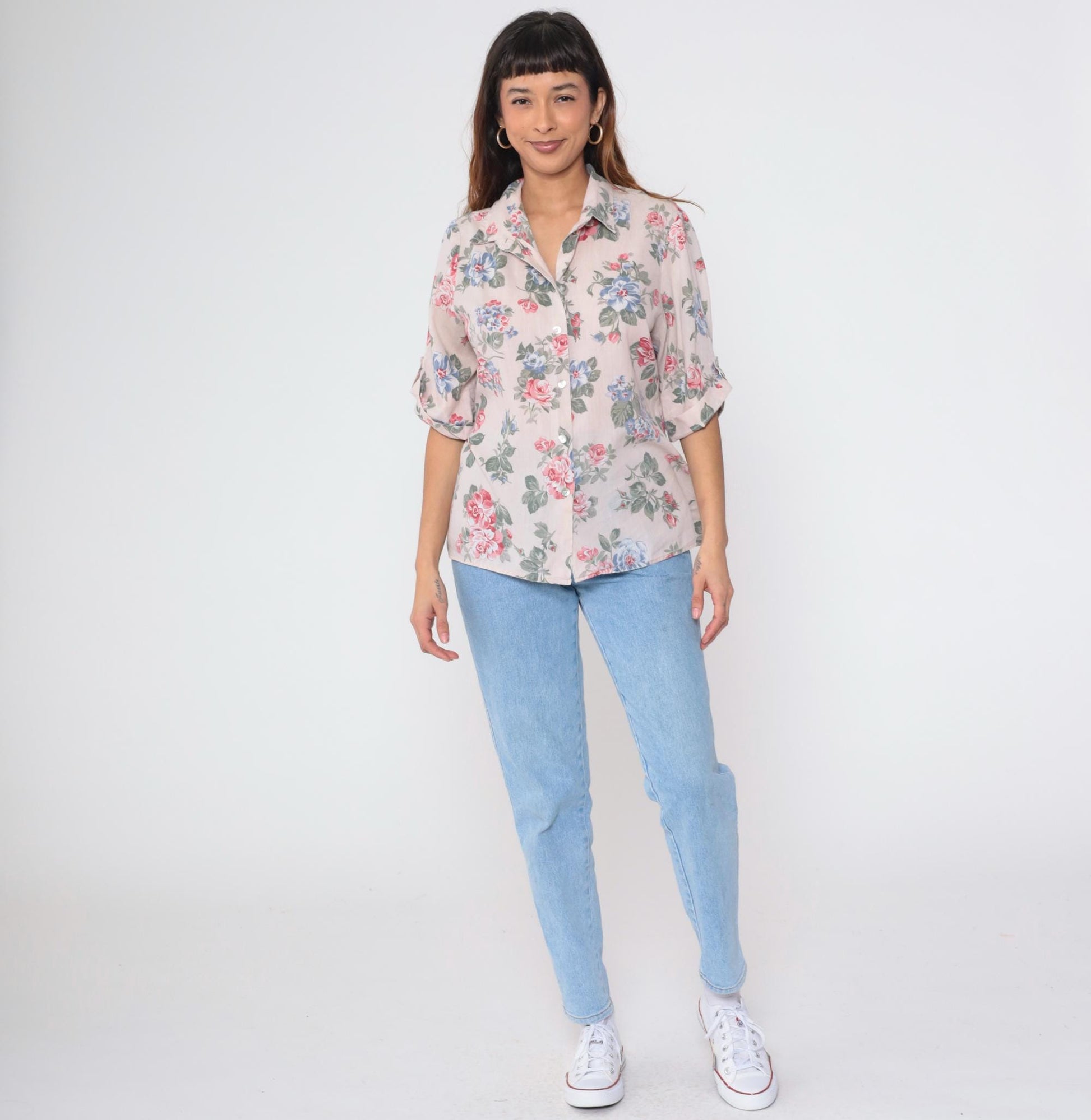 90s Beige Floral Button-Up Blouse Roll Tab Sleeve Flower Print Extra Large XL