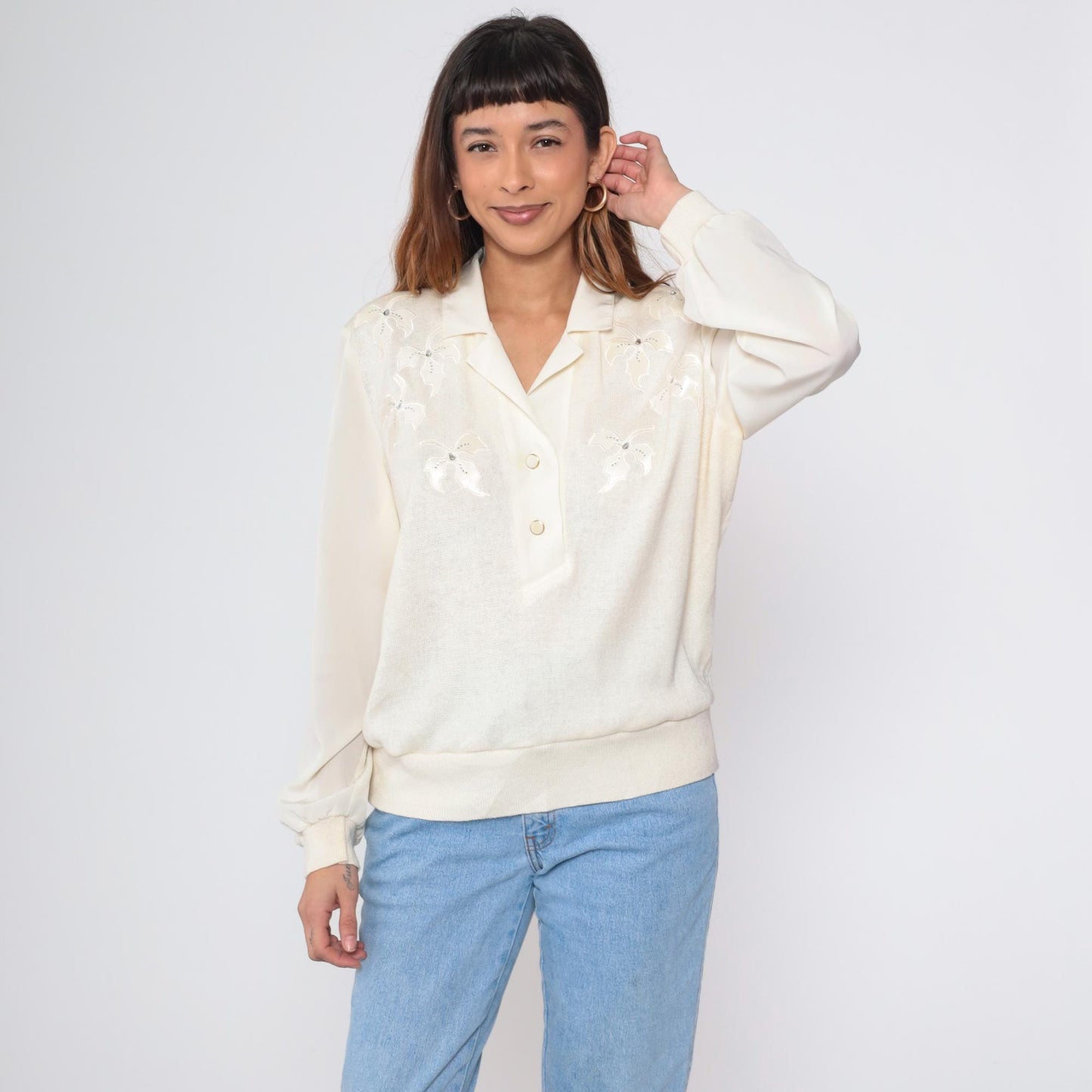 80s Philippe Marques Ivory Blouse Floral Appliqué Rhinestone Satin Knit Large L