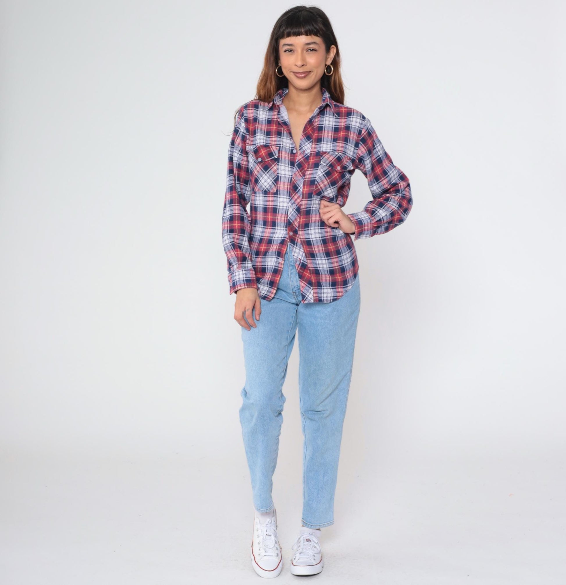 80s Red White Blue Plaid Flannel Button-Up Shirt Small S