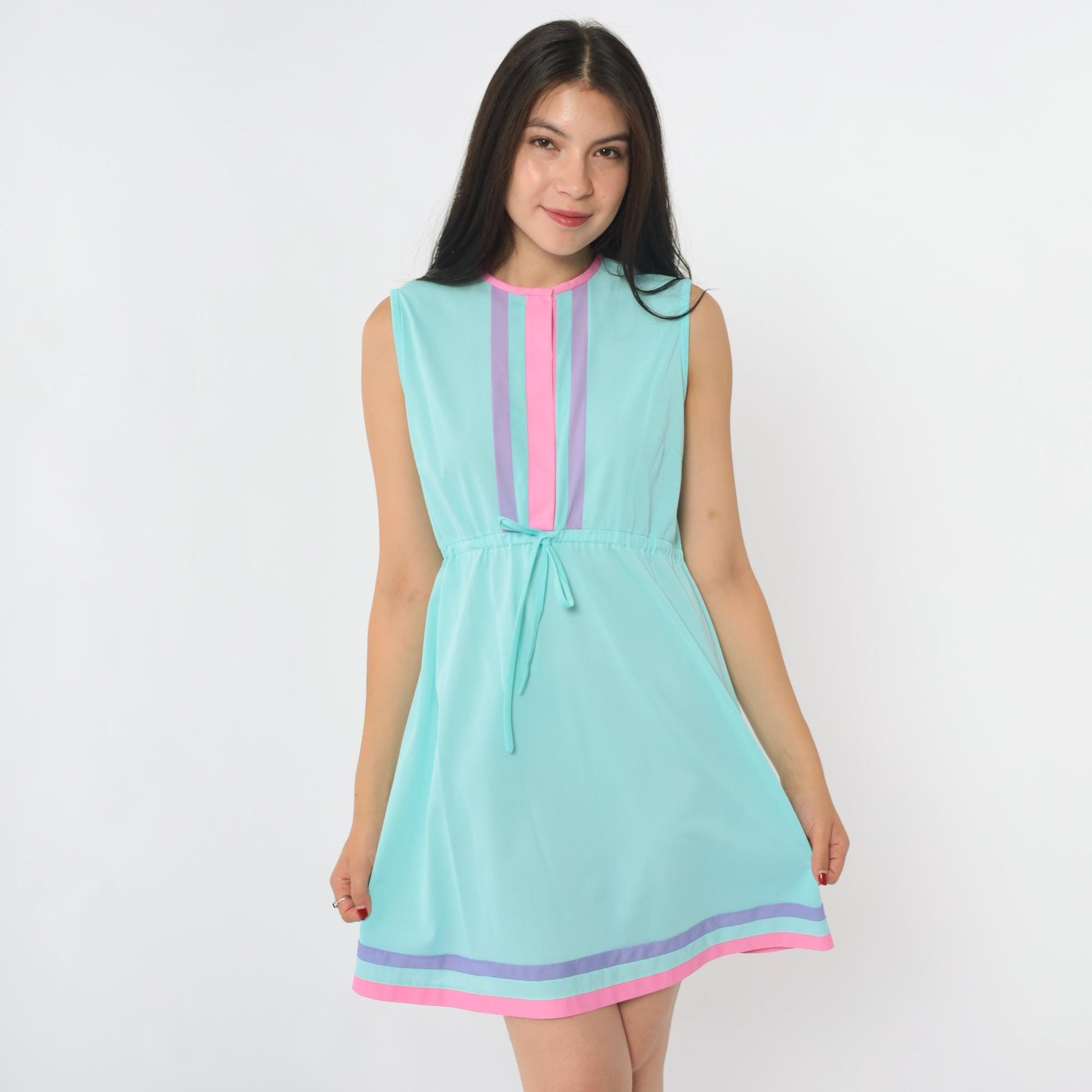 70s Aqua Striped Nylon Nightgown Mini Sleeveless High Waist Medium