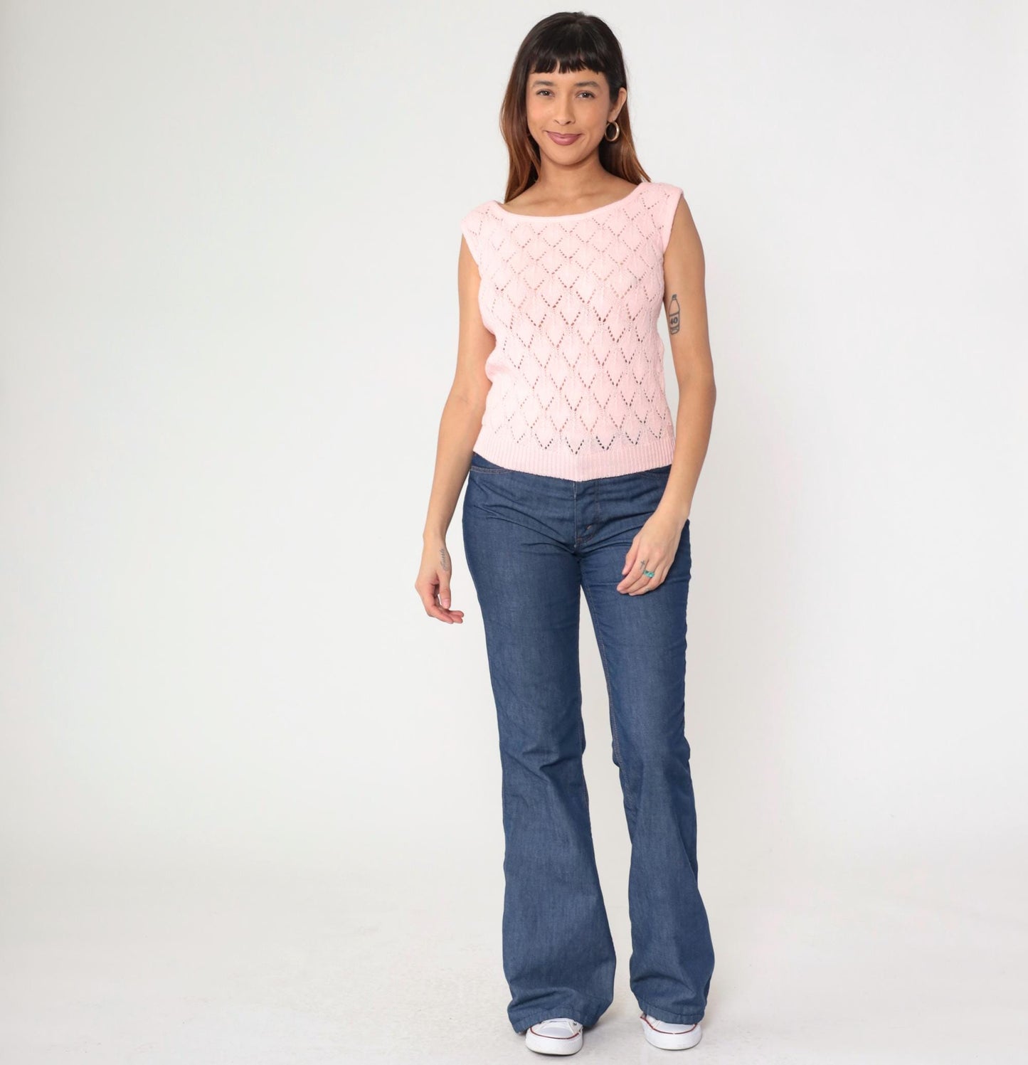 70s Pink Pointelle Knit Sleeveless Vest Wide Neckline Small