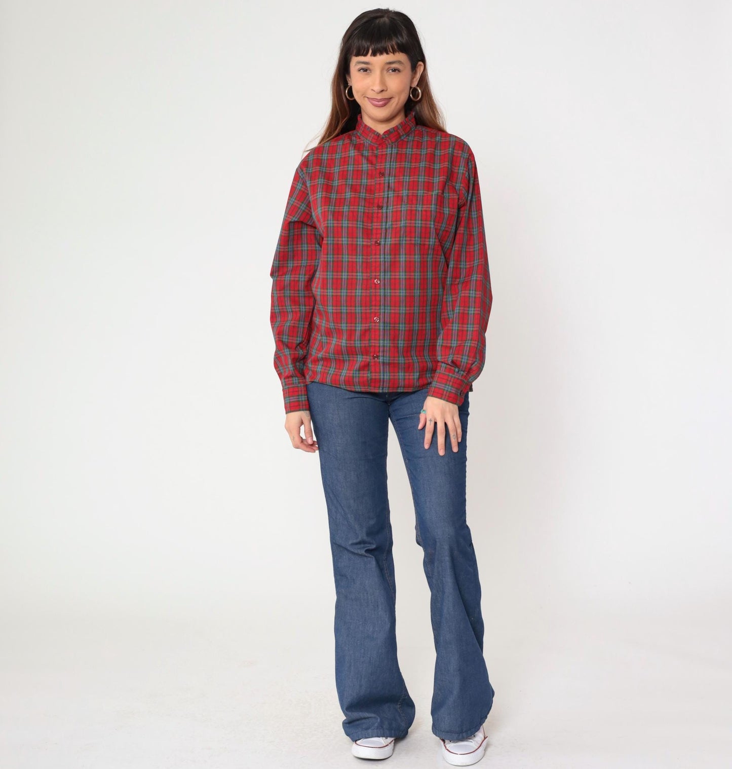 80s Red Plaid Button-Up Blouse Ruffled Collar Long Sleeve Medium M
