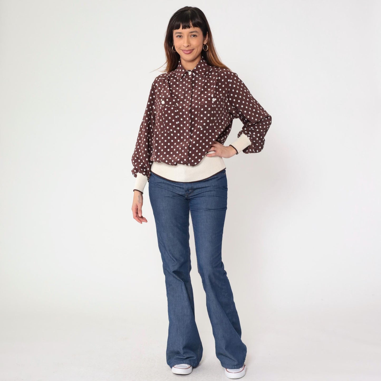 80s Brown Polka Dot Button-Up Blouse Long Sleeve Banded Hem Large
