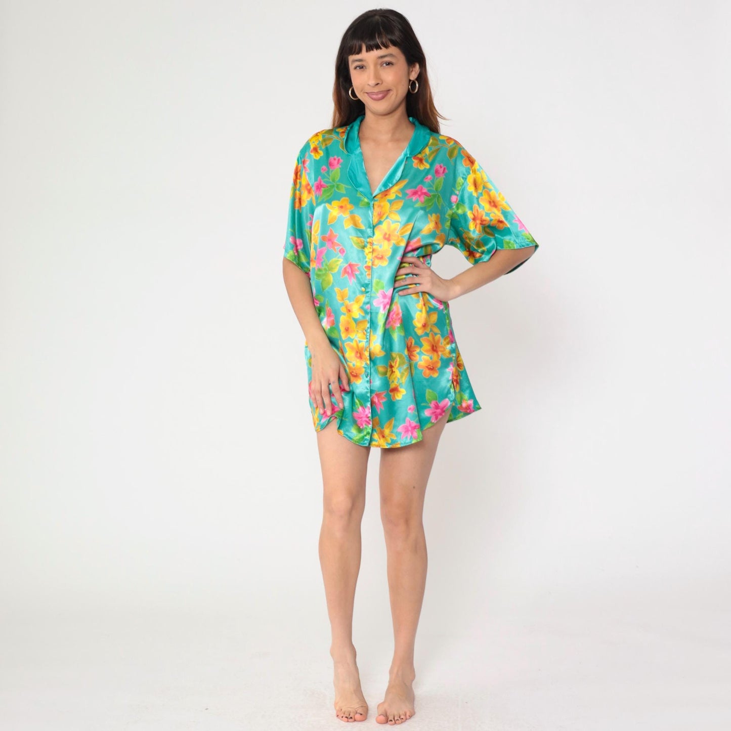 90s Victoria's Secret Aqua Floral Satin Nightgown Button-Up Mini Medium M