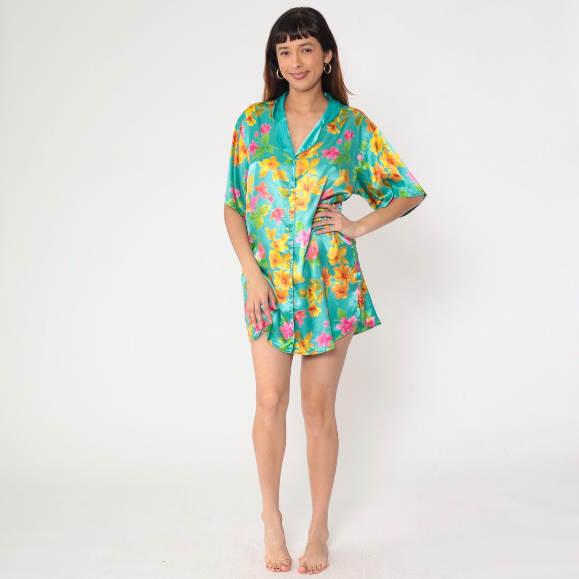 90s Victoria's Secret Aqua Floral Satin Nightgown Button-Up Mini Medium M