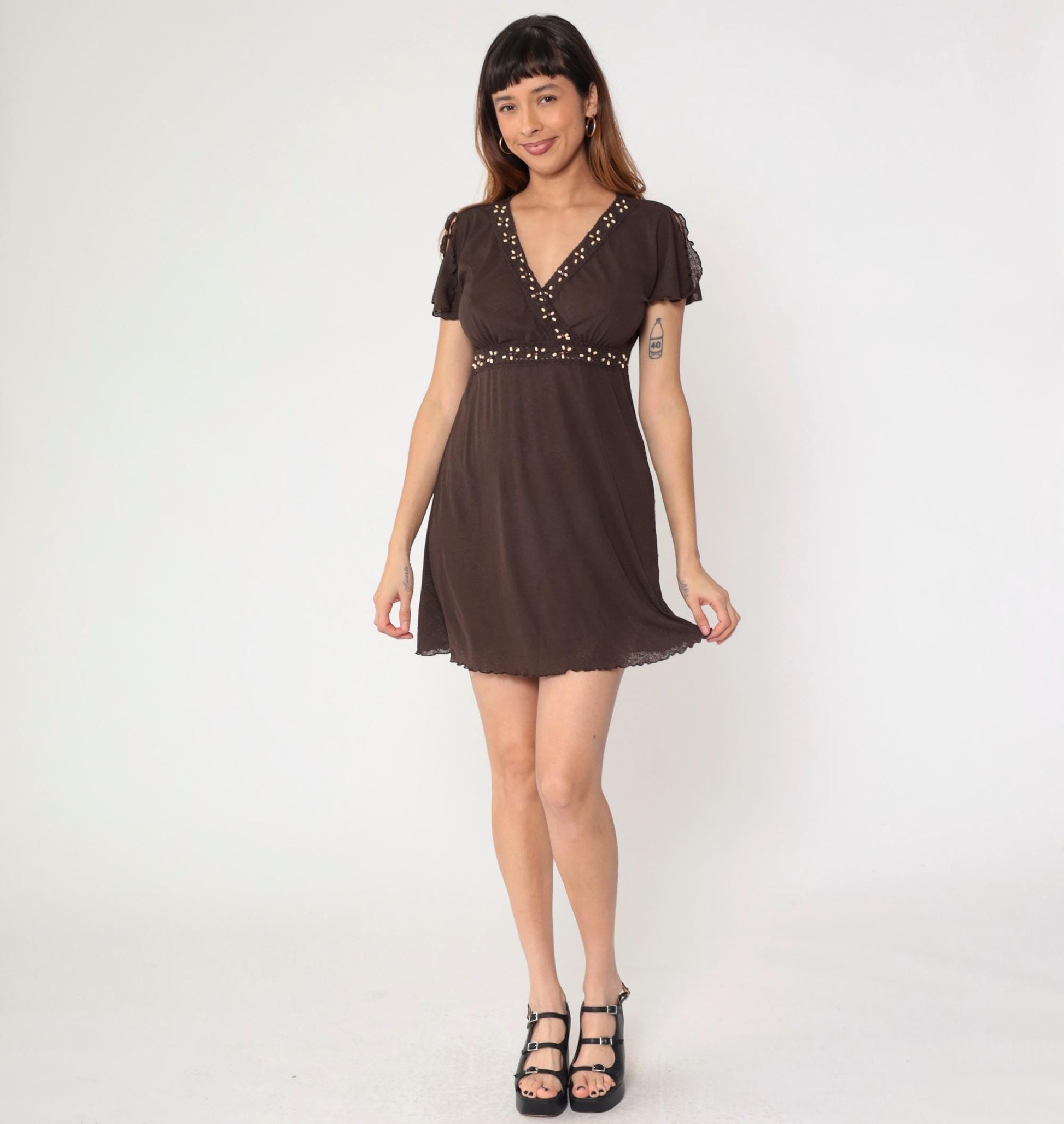 Y2K Style & Co Brown Burnout Babydoll Mini Dress Beaded Flutter Sleeve Small