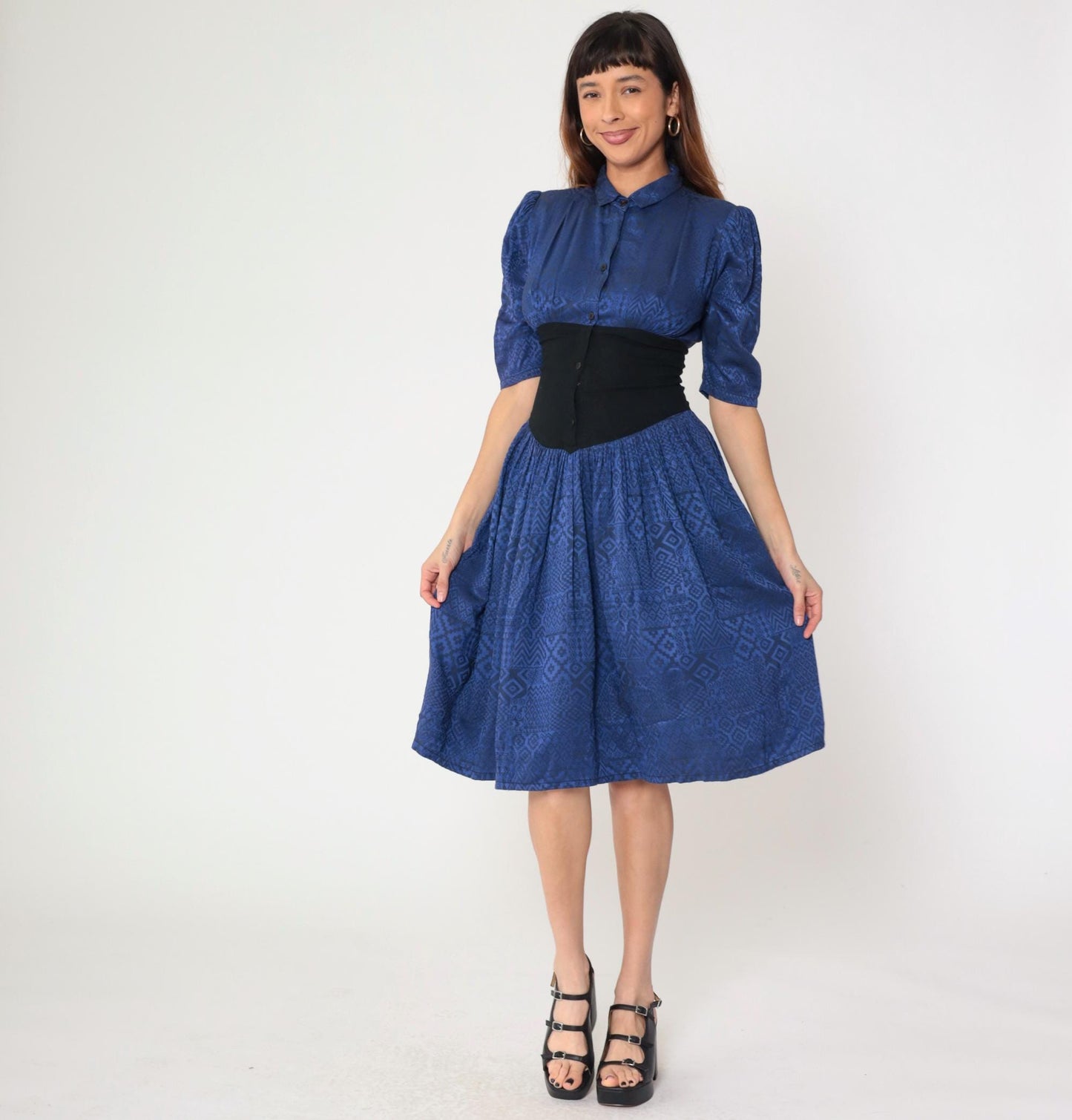 80s Lady Ann Blue Geometric Midi Dress Cinched Waist Puff Sleeve Small S