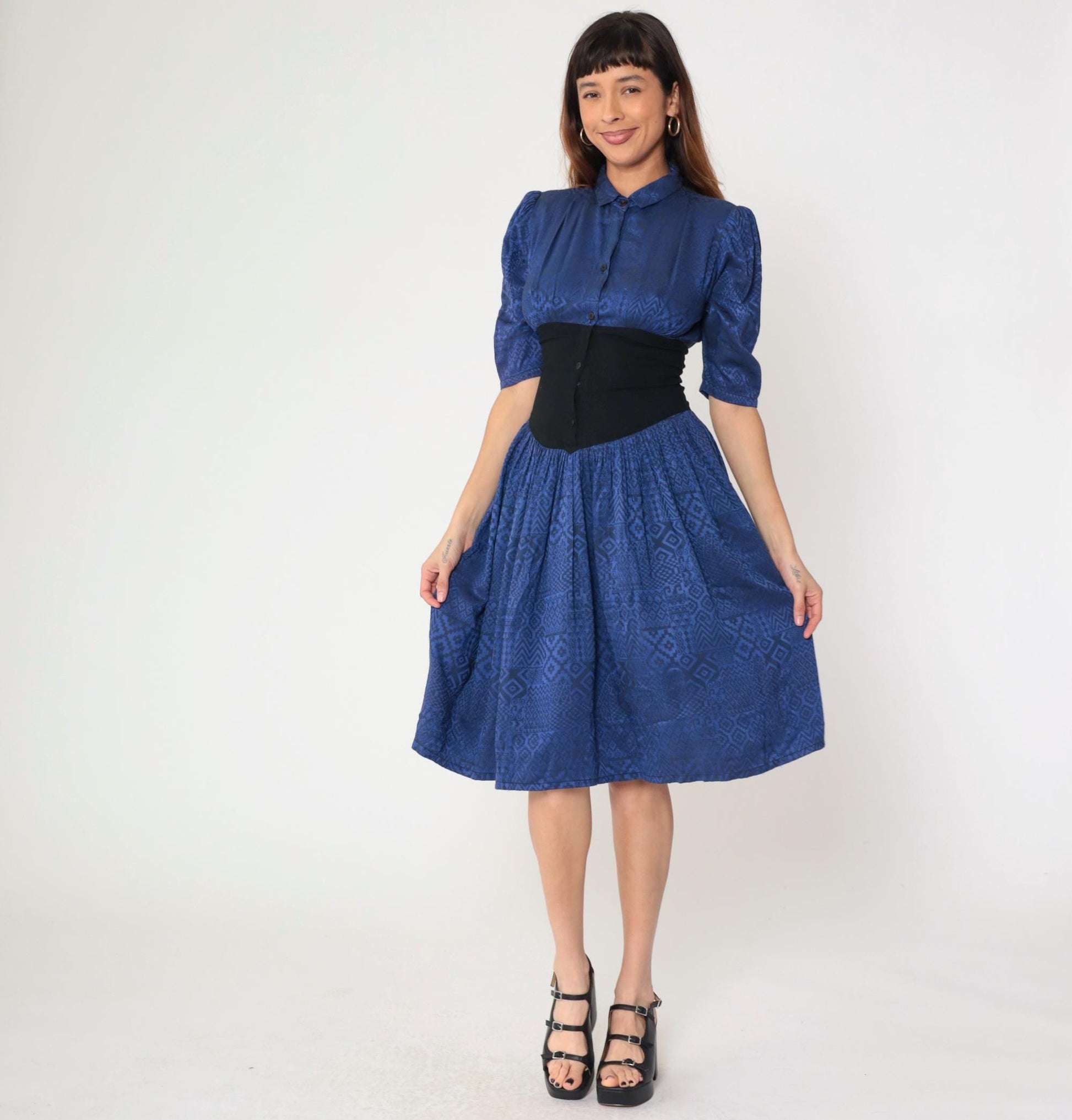 80s Lady Ann Blue Geometric Midi Dress Cinched Waist Puff Sleeve Small S