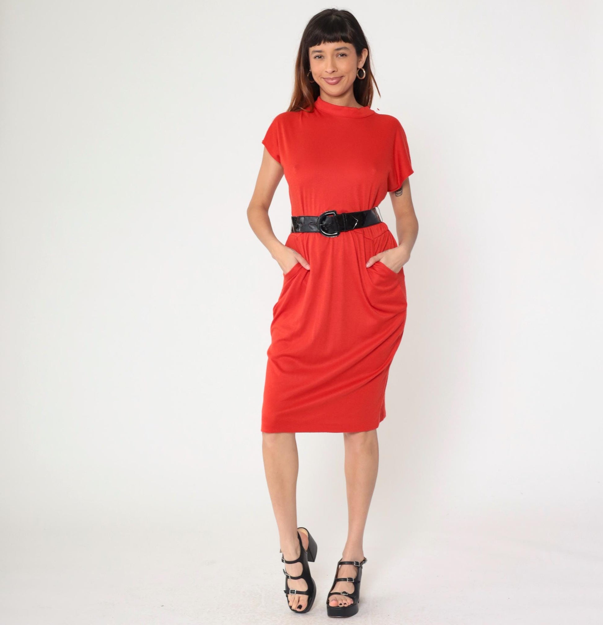 80s Red Pencil Dress with Black Patent Belt Mock Neck Medium M