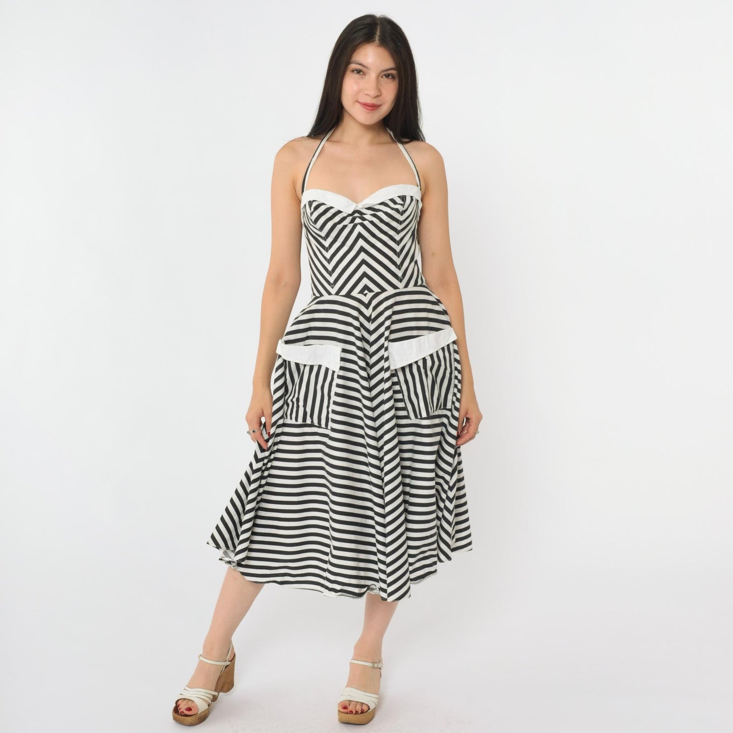 80s Black White Striped Halter Midi Dress Sweetheart Neckline Extra Small