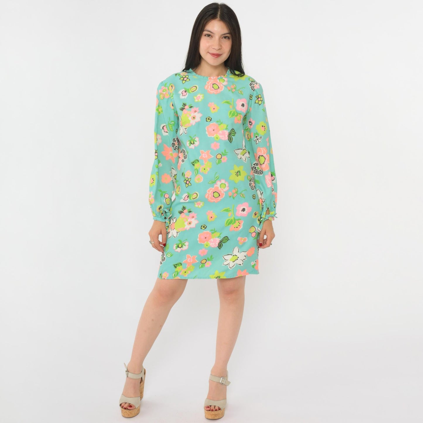 60s Mod Floral Mini Dress Aqua Blue Keyhole Back Long Sleeve Small