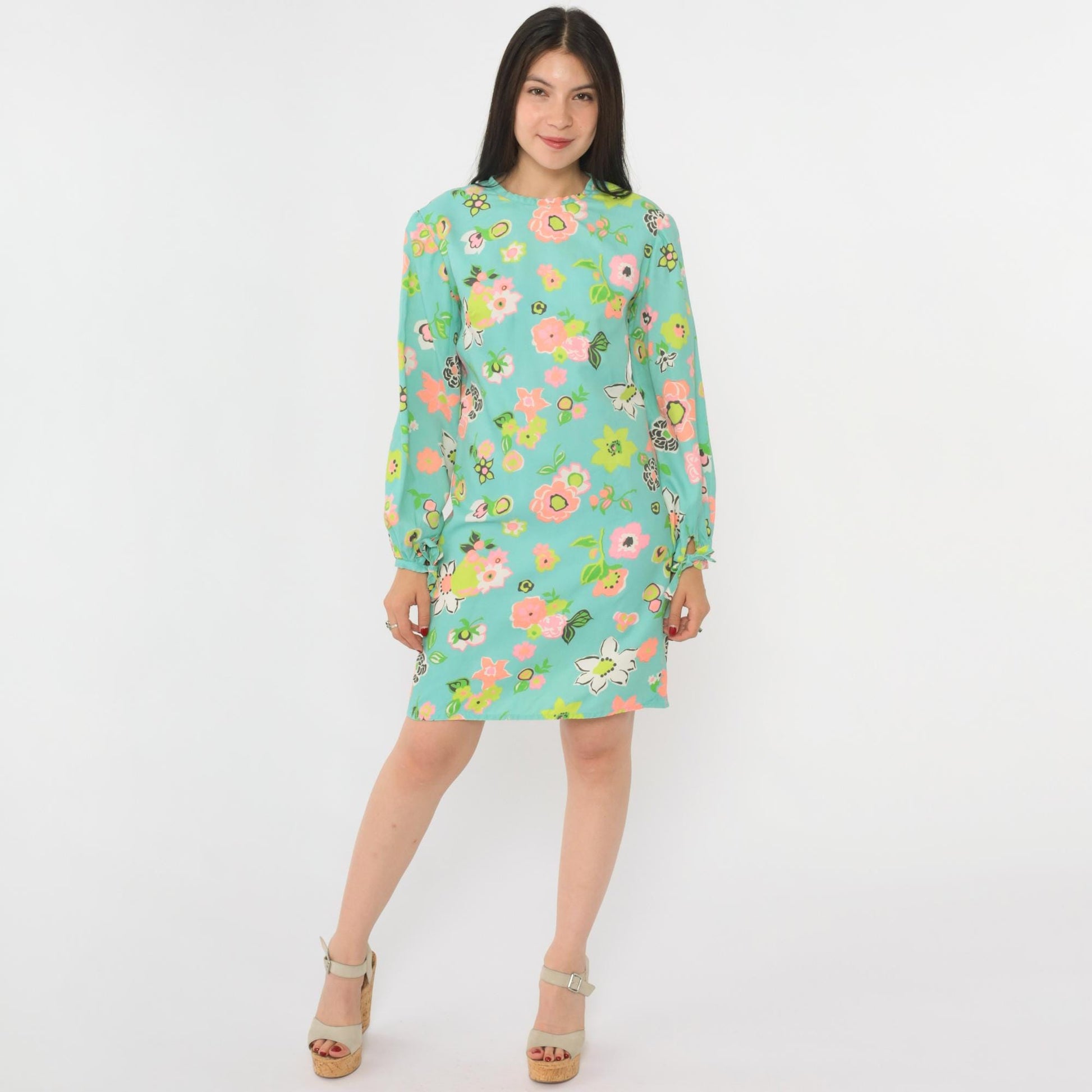 60s Mod Floral Mini Dress Aqua Blue Keyhole Back Long Sleeve Small